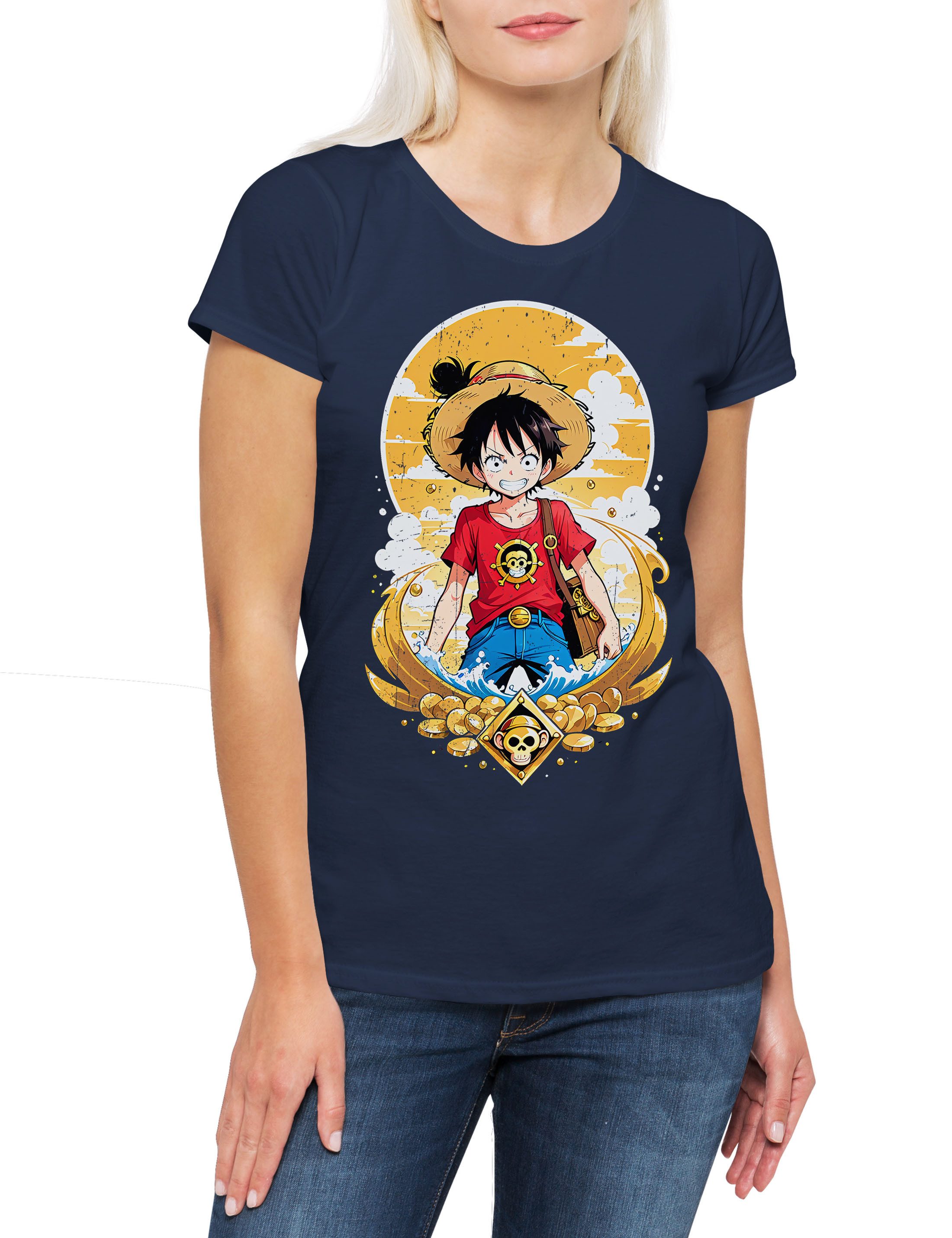 Print-Shirt Monkey Ruffy Logo Damen T-Shirt One Pirate Adventure Anime Piece D