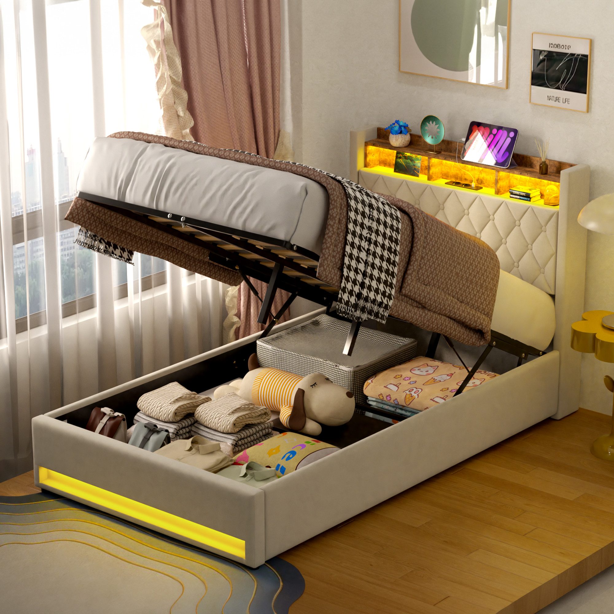 OKWISH Polsterbett Bett (Doppelbett Jugendbett mit USB/Typ-C Ladeanschluss, 140x200cm mit RGB-LED-Beleuchtung, hydraulischem Stauraum), Hollandvelours, mit Knopfheftung, ohne Matratze
