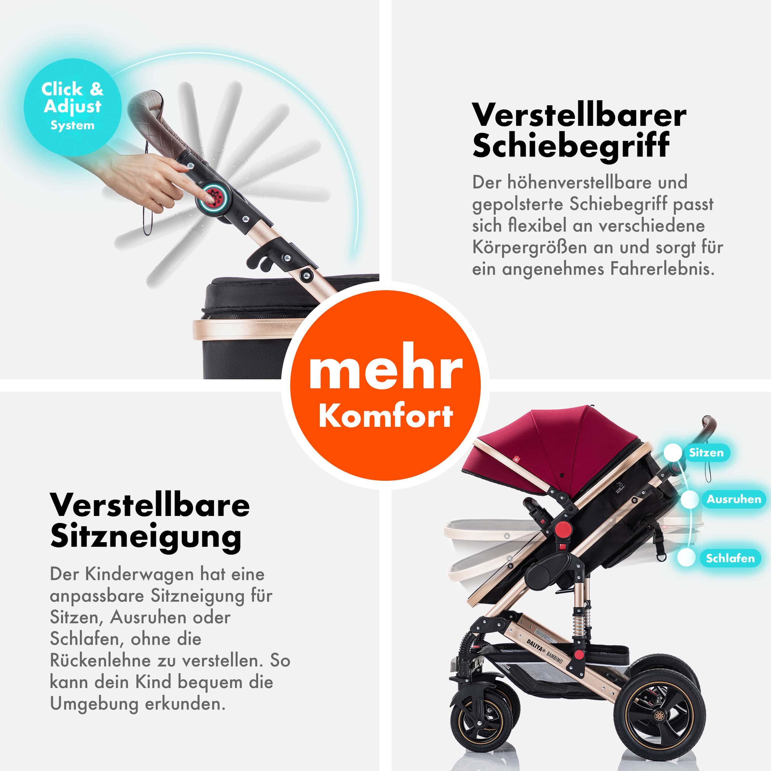 Daliya® Kombi-Kinderwagen BAMBIMO 2in1 Kinderwagen & Buggy, Babywanne und Sportsitz, Alu-Rahmen, (Grundausstattung für Babys, 9-tlg), Großer Einkaufskorb, Feder – Bild 5 von 5