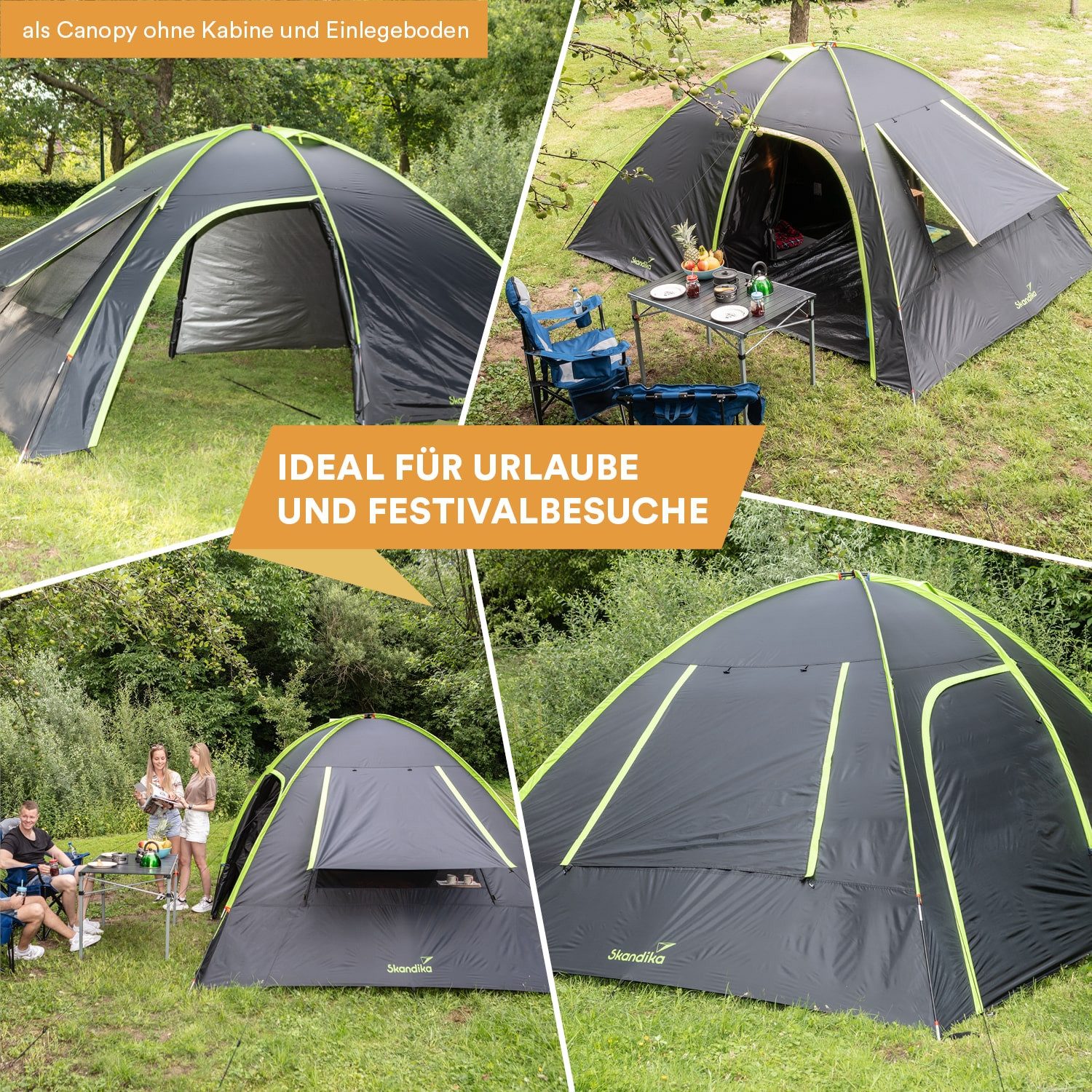 Skandika Kuppelzelt Vaasa kompaktes Campingzelt, dunkle Kabine, wasserdicht, Personen: 4, 3000 mm Wassersäule, 195 cm Stehhöhe, Silberbeschichtung, Festivalzelt