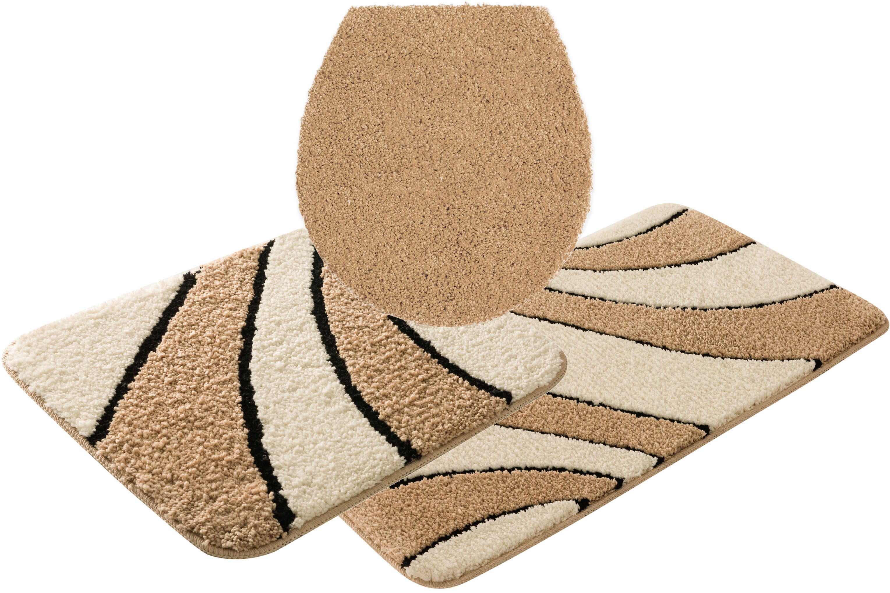 OTTO home Badematte Anna, Badvorleger, Badezimmer Teppich, Höhe 16 mm, rutschhemmend beschichtet, schnell trocknend, fußbodenheizungsgeeignet, Polyester, rechteckig, 3tlg Set Hänge WC, Badteppich, Hoch Tief Effekt, Modern, Weich, Wellen