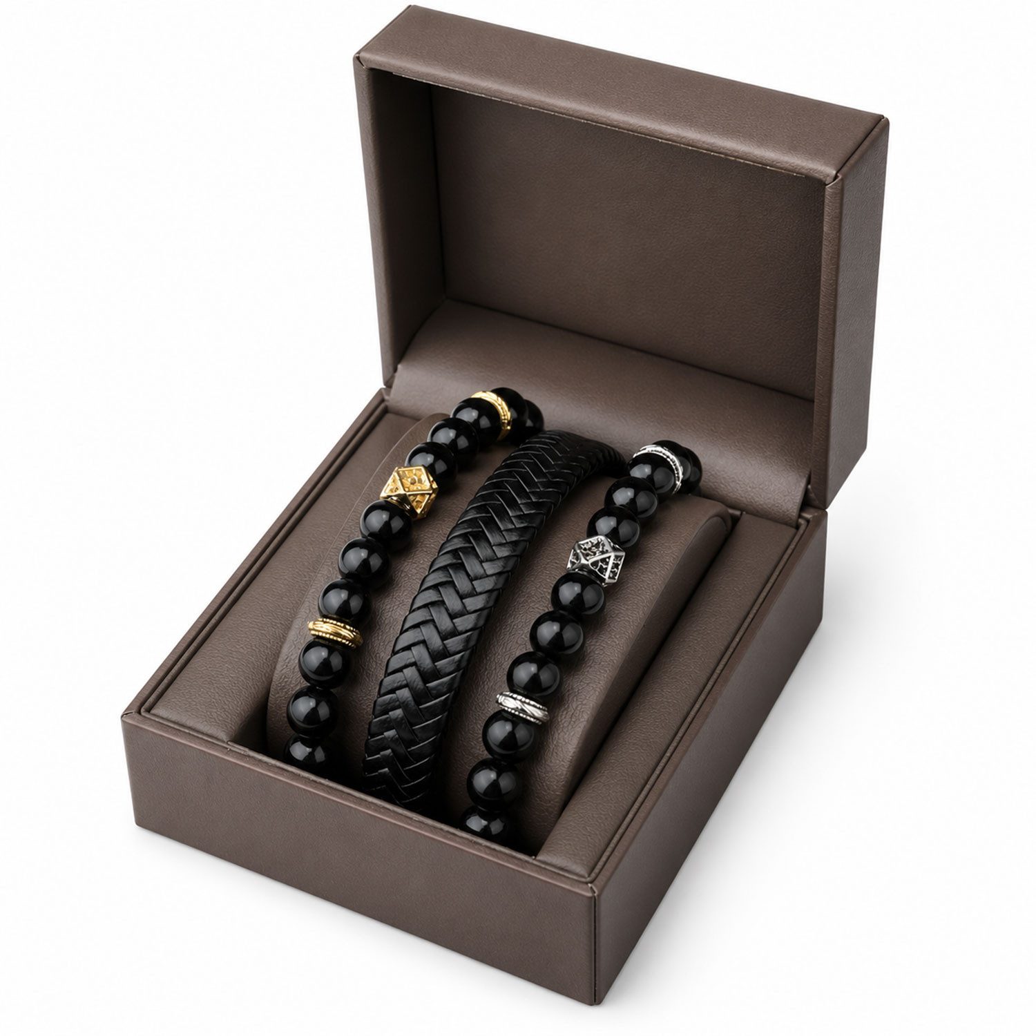 Jungengel Armband Herren Männer Accessoire 3-Teilig Schmuck Set Leder Naturstein Perlen (3-tlg., 3-teiliges Armband-Set), Geschenkbox, Edles Accessoire mit Magnetverschluss, stilvoll verpackt