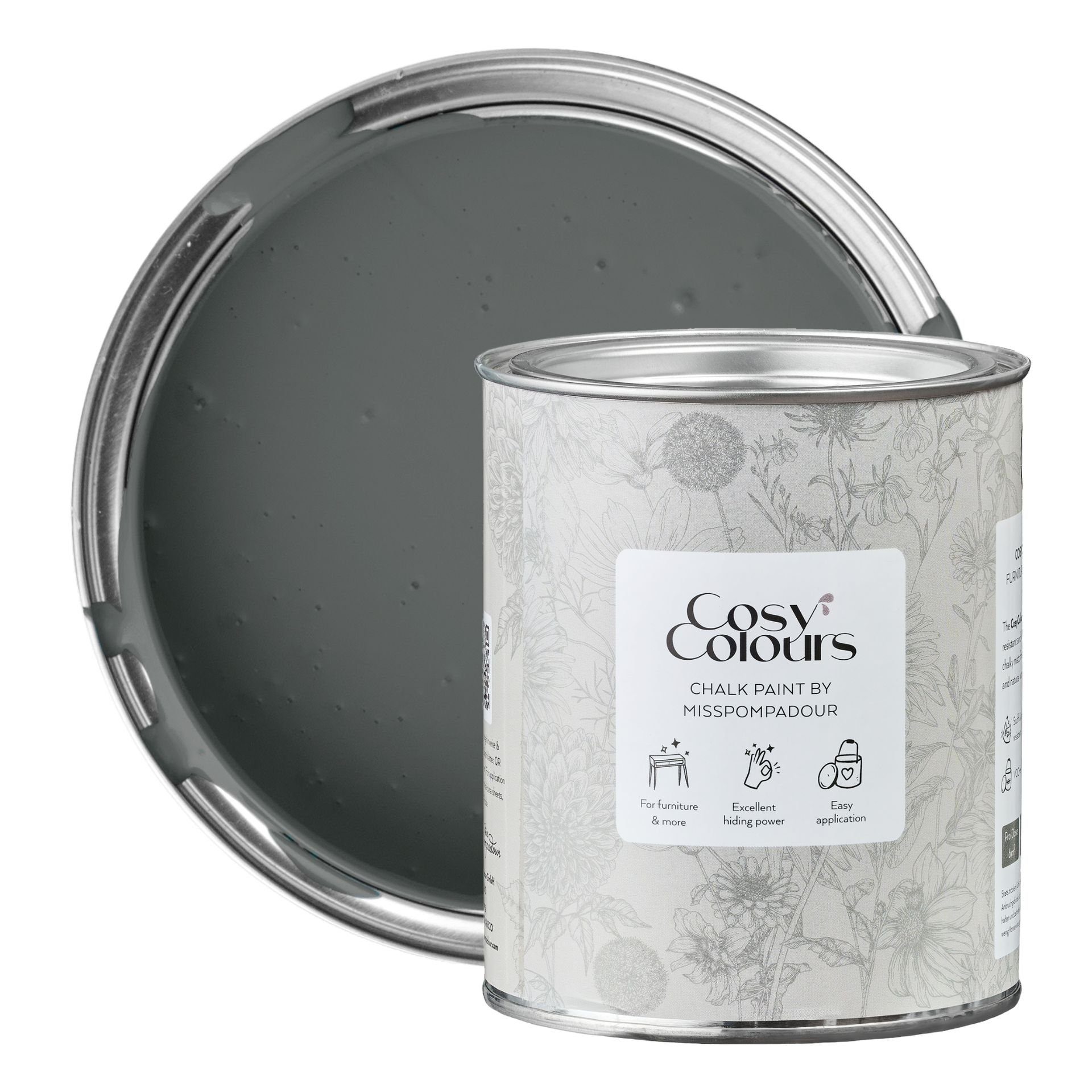 MissPompadour Kreidefarbe Comfort Grey - Holzfarbe, Holzlack matt innen 750ml, Kreidefarbe für Holz, Metall, Kunststoff - CosyColours Grautöne