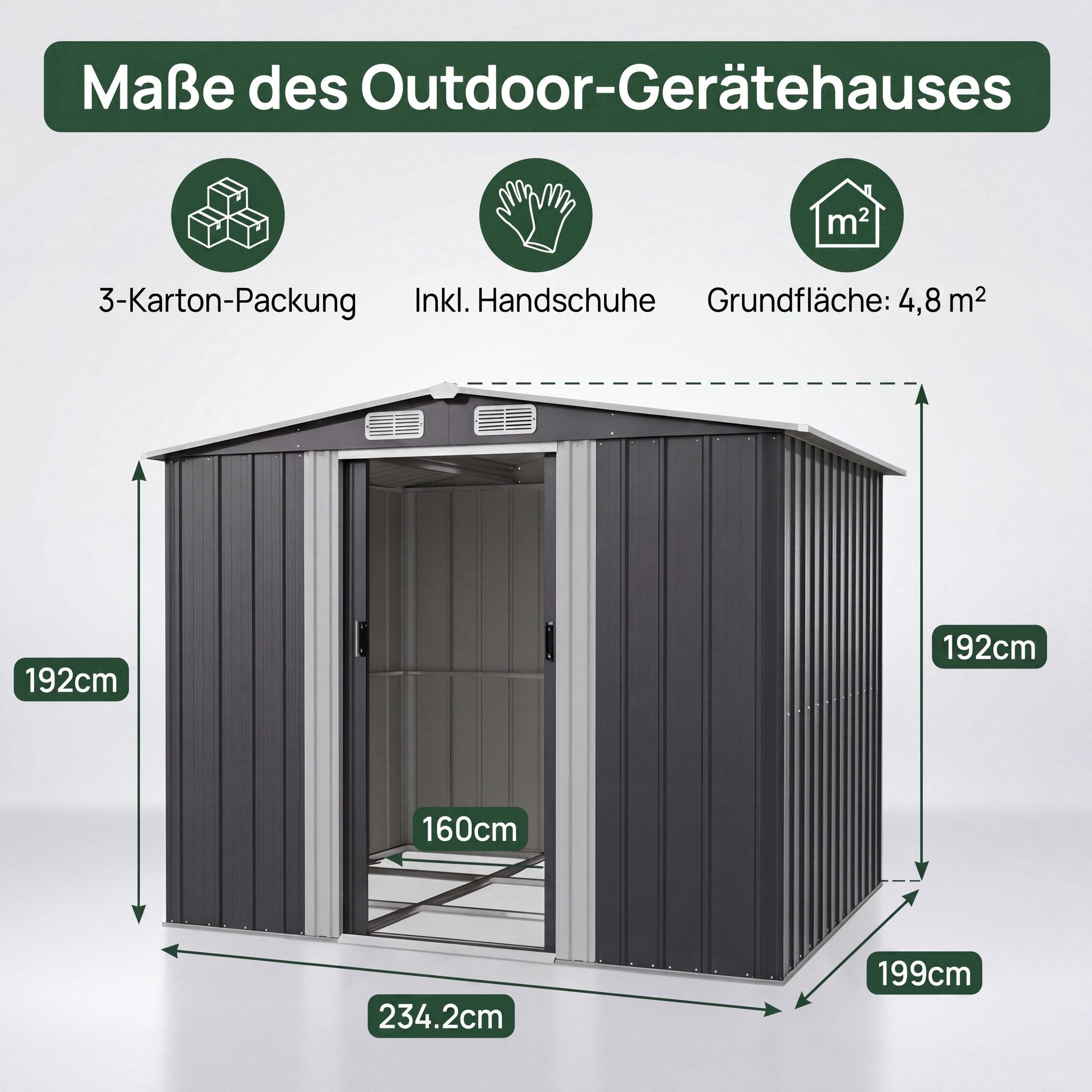 GUNJI Gerätehaus Metall Geräteschuppen Inkl. Stahlfundament, Gartenhaus mit Pultdach, M: 1,8m x 1,1m, L: 2.3m x 2m, XL: 2.4m x 3m, Doppelschiebetür