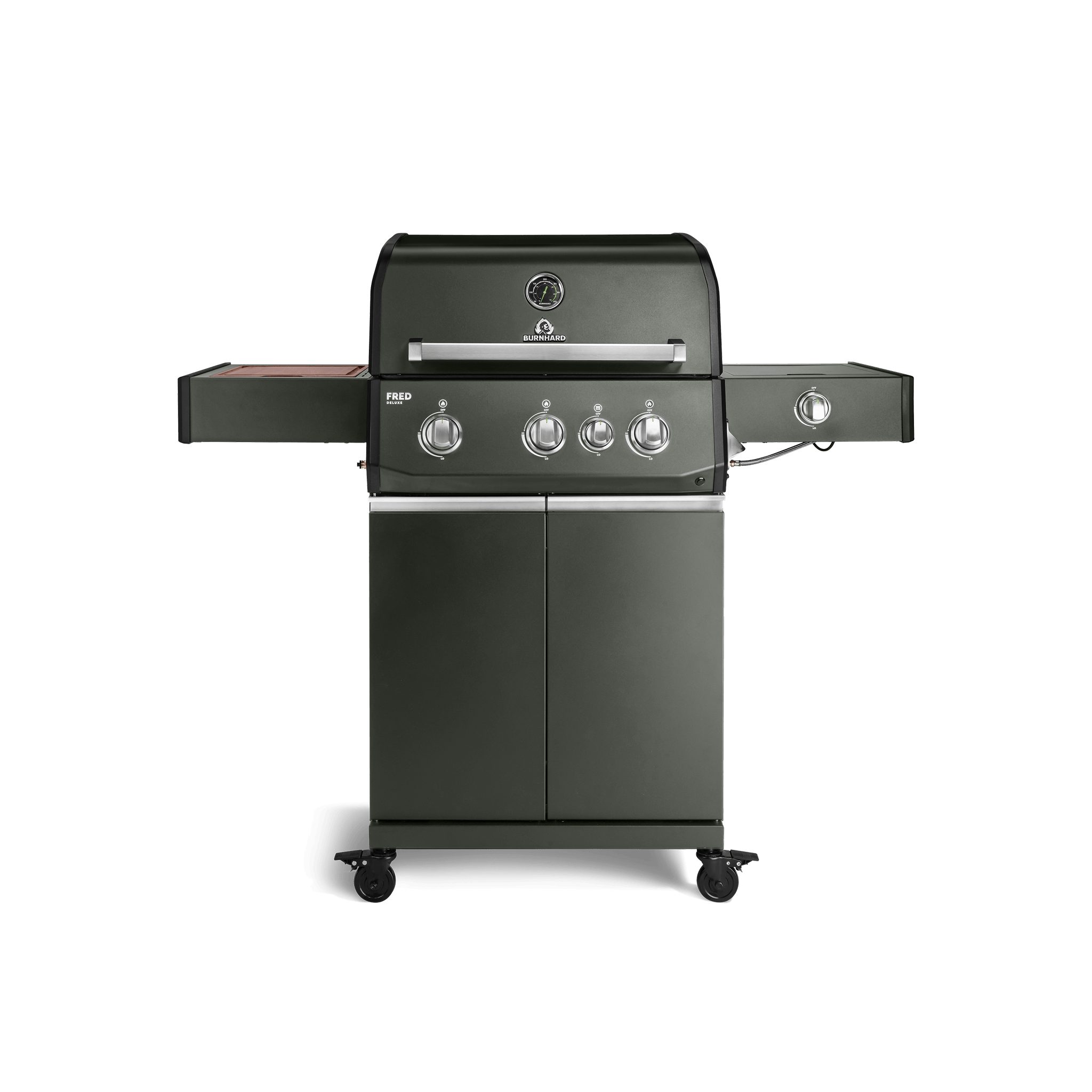 BURNHARD® Gasgrill 3-Brenner, 2x Edelstahlstabbrenner 3,75 kW, Infrarot-Keramikbrenner 3,75 kW, Heckbrenner, Seitenkochfeld, Gussrost, Piezo-Zündung – FRED Deluxe