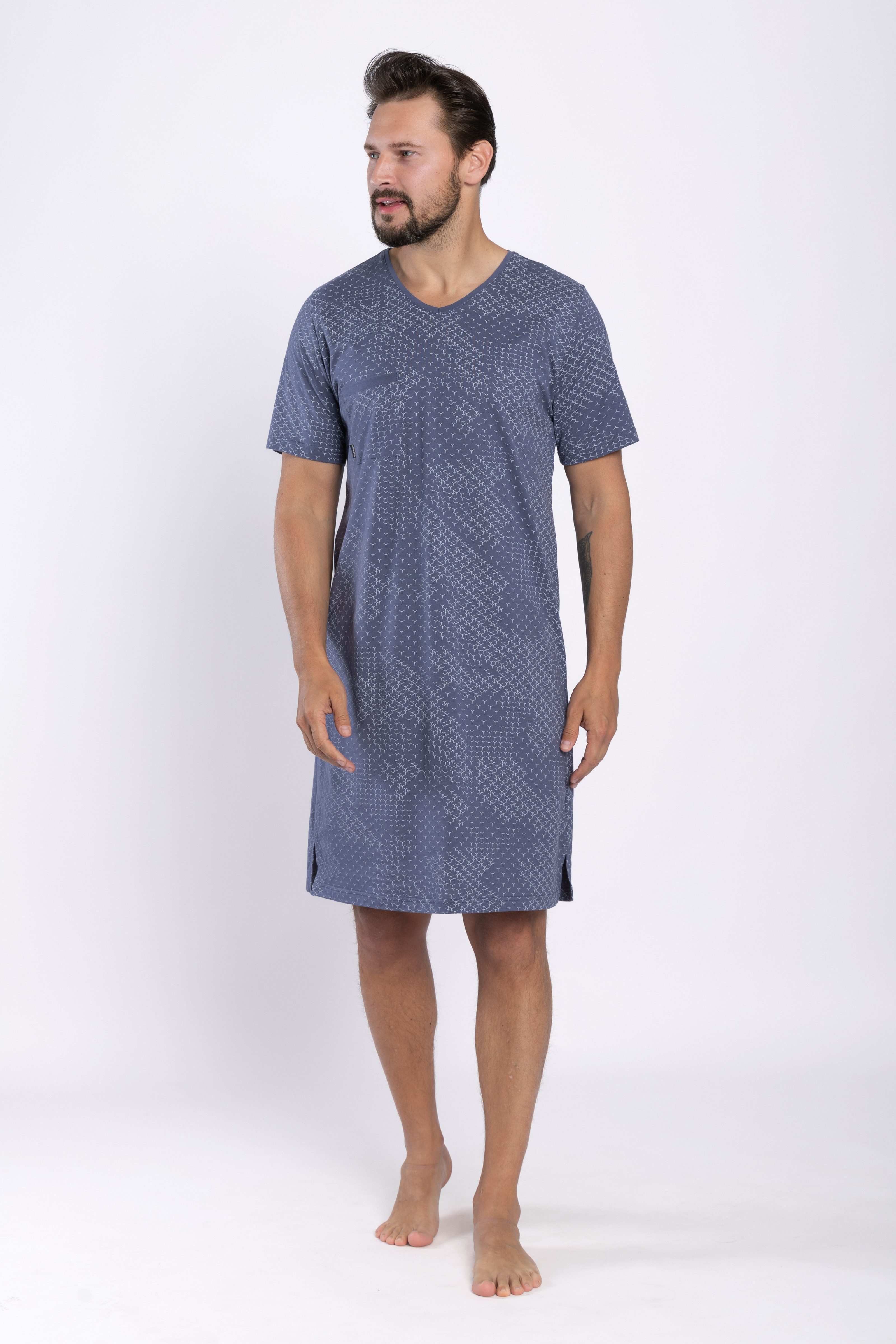 HOTBERG Nachthemd Herren Nachtwäsche Kurzarm Baumwolle modernes Sommer Schlafshirt mit Grafikdruck – Bild 2 von 5