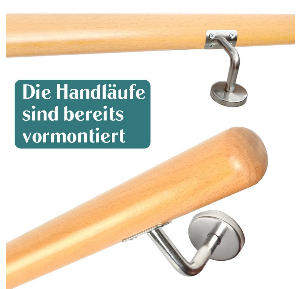 Thumbnail - V2Aox Handlauf Buche Holz Handlauf Treppengeländer Wandhandlauf Treppe 50 - 500 cm, 50 cm Gesamtlänge
