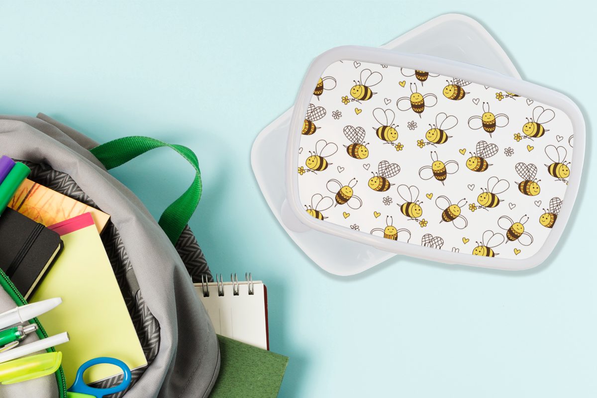 Kunststoff, für MuchoWow Blumen Lunchbox - weiß Herz Brotdose, Muster, - und für Mädchen Erwachsene, Biene (2-tlg), Jungs - und Kinder Brotbox