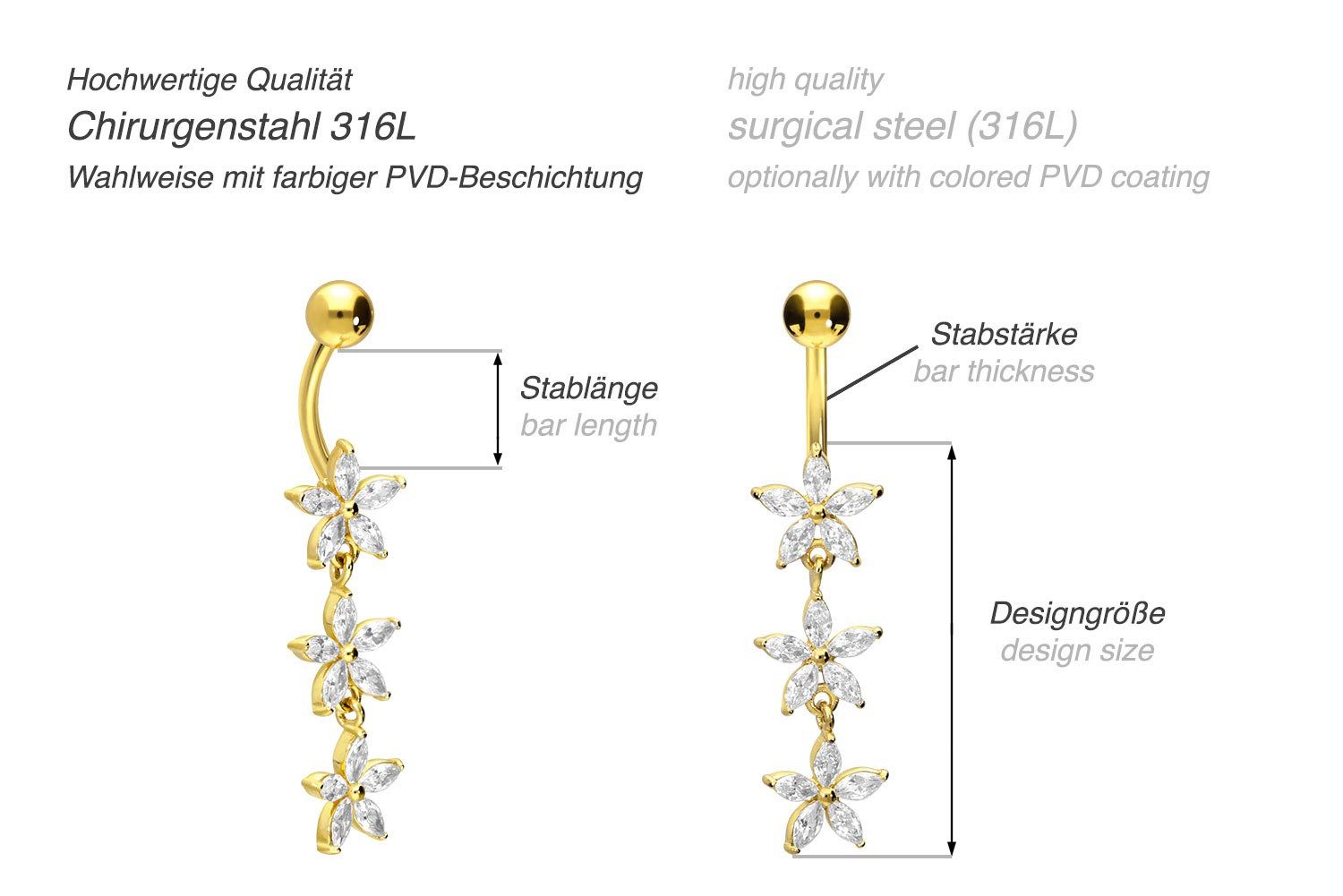 PIERCINGLINE Bauchnabelpiercing Chirurgenstahl Bananabell 3 KLEINE KRISTALLBLUMEN (Bananabells, 1-tlg)