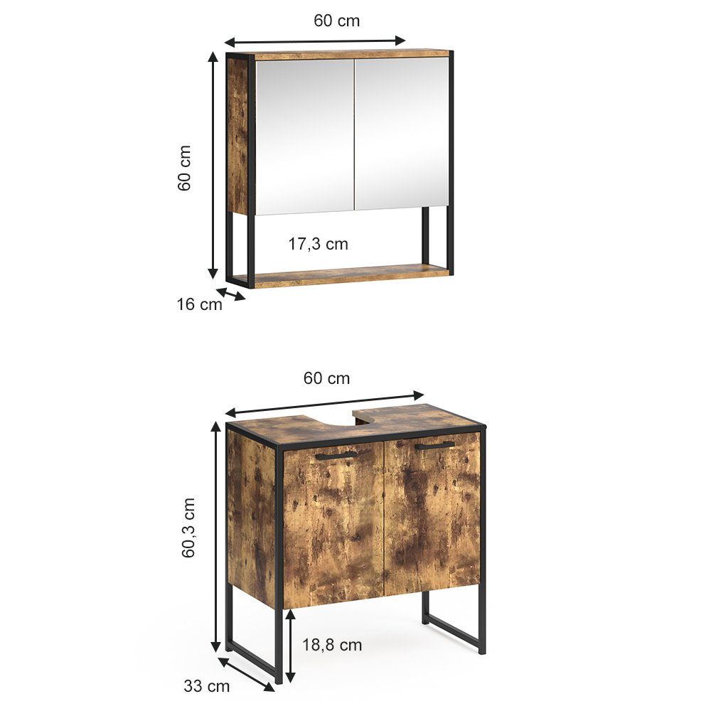 (2-er Vintage Set, Loft-Badezimmerset 1, Set) Badmöbel-Set 2-St., 2-er Set Vicco FYRK