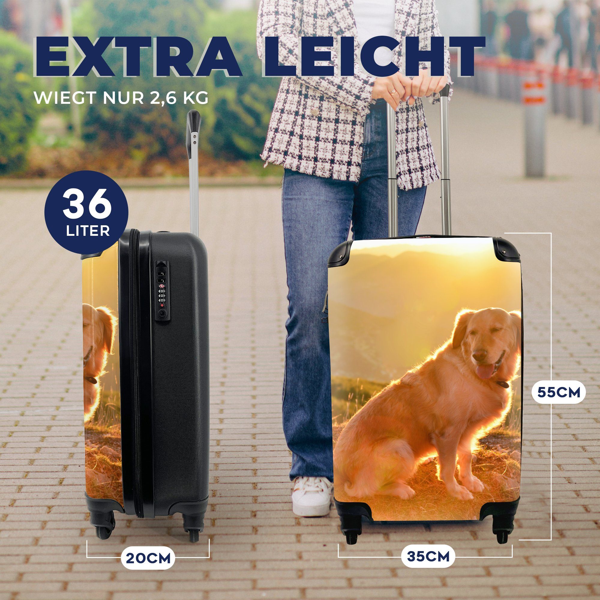 Reisekoffer Retriever, für Golden Ferien, Sonnenstrahlen glänzen mit MuchoWow Trolley, Rollen, Handgepäck einem Handgepäckkoffer rollen, über 4 Reisetasche