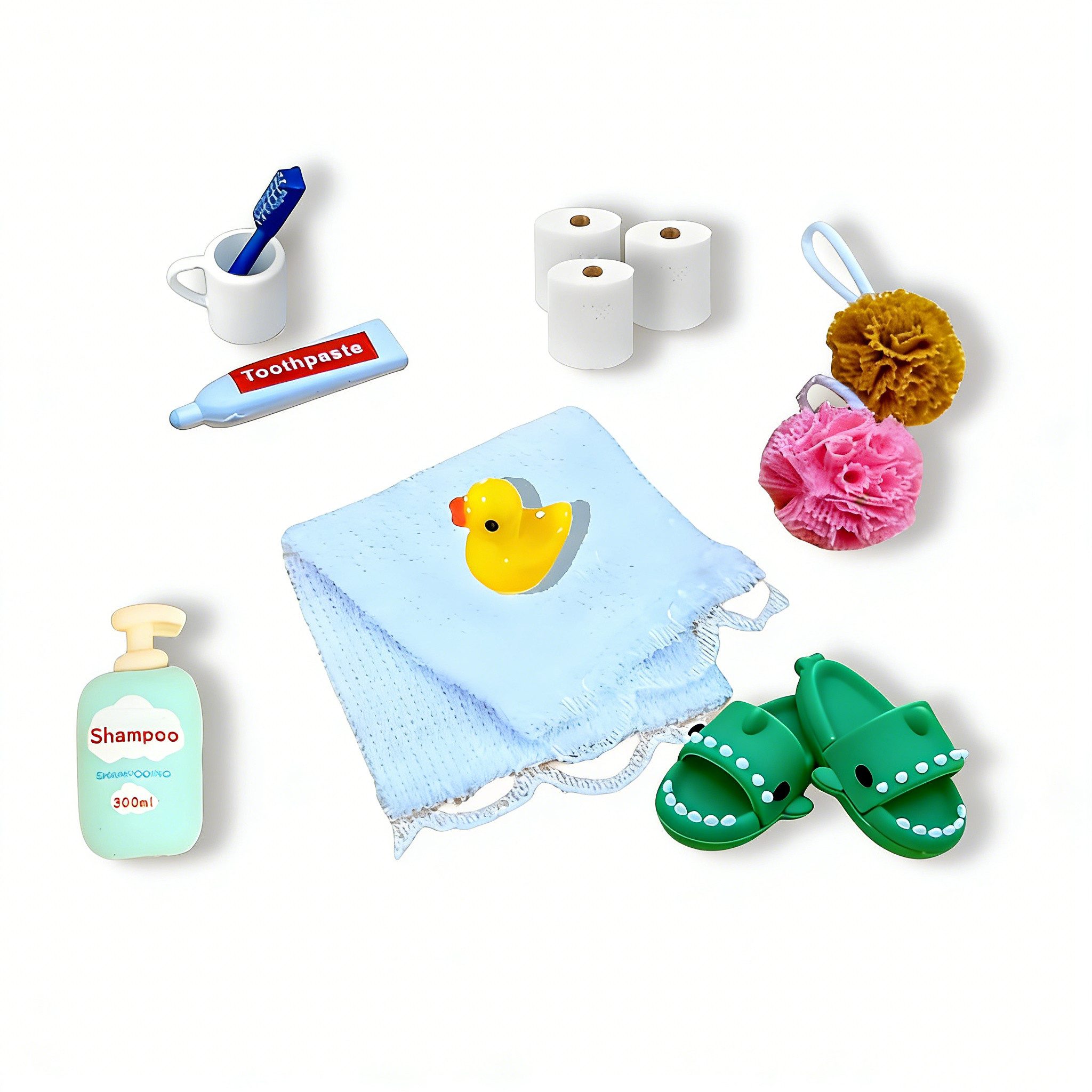 CLTYQ Puppenhausmöbel Wichtel Zubehör Weihnachte,Puppenhaus Zubehör, Bade-Set für Wichteltür, Deko und Puppenhaus,mit Slippers,Zahnbürste, Klopapier,Handtuch,Ente