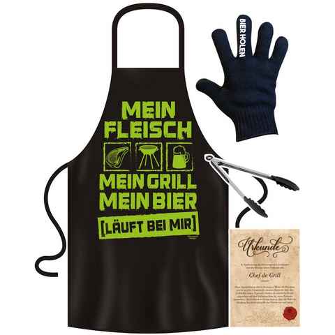 Soreso® Grillschürze Grillset Mein Fleisch - Mein Grill - Mein Bier Grillschürze für Männer, (Spar-Set, Geschenk-Set, 4-teiliges Set, 1x Grillschürze+ 1x Grillhandschuh+ 1x Grillzange+ 1x Urkunde), Geschenk Weihnachten Geburstag Vatertag Papa Mann