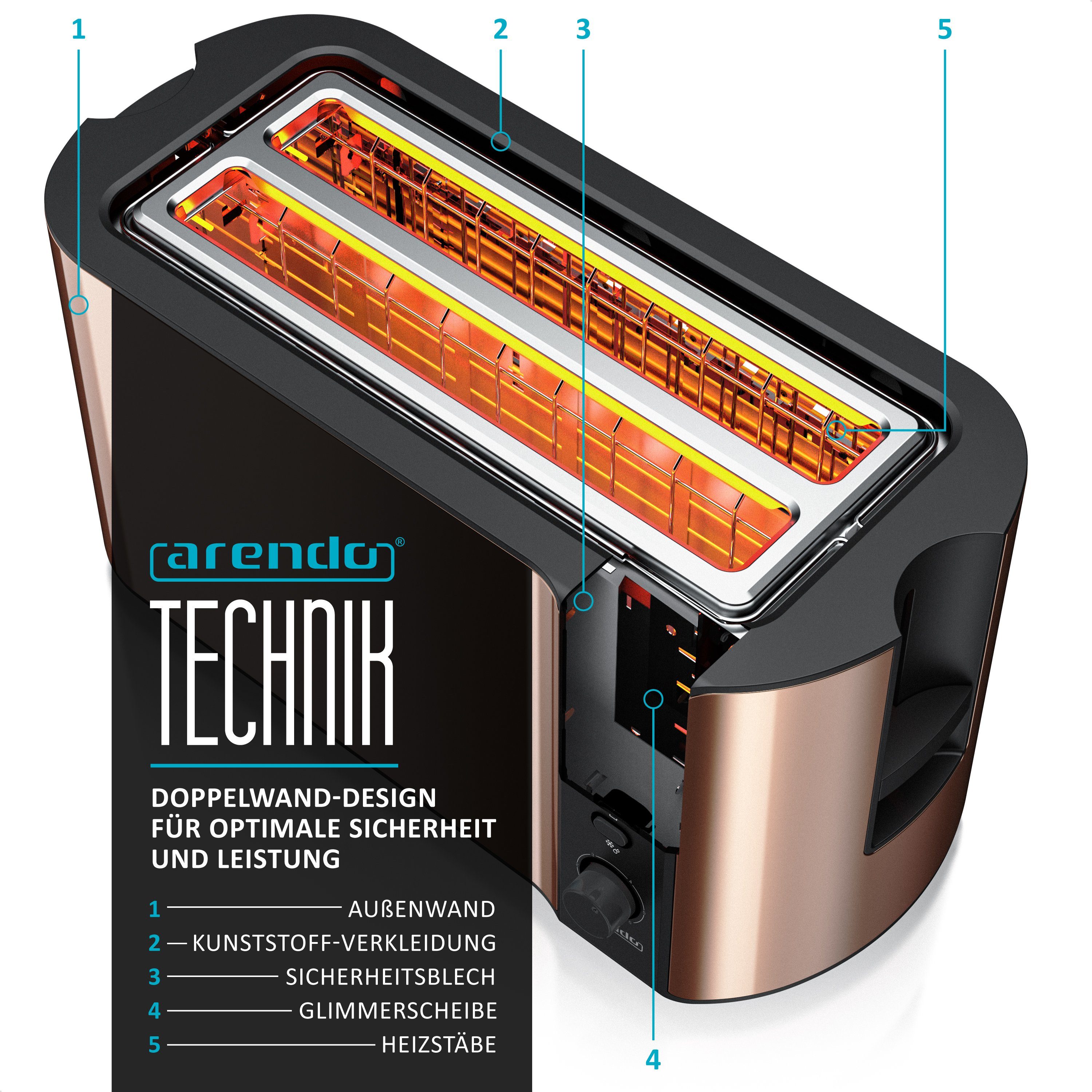 Arendo Toaster Edelstahl, Langschlitz, Display mit Restzeitanzeige, Krümelschublade, 2 lange Schlitze, für 4 Scheiben, 1500 W, Defrost Funktion, Wärmeisolierendes Gehäuse, mit Brötchenaufsatz