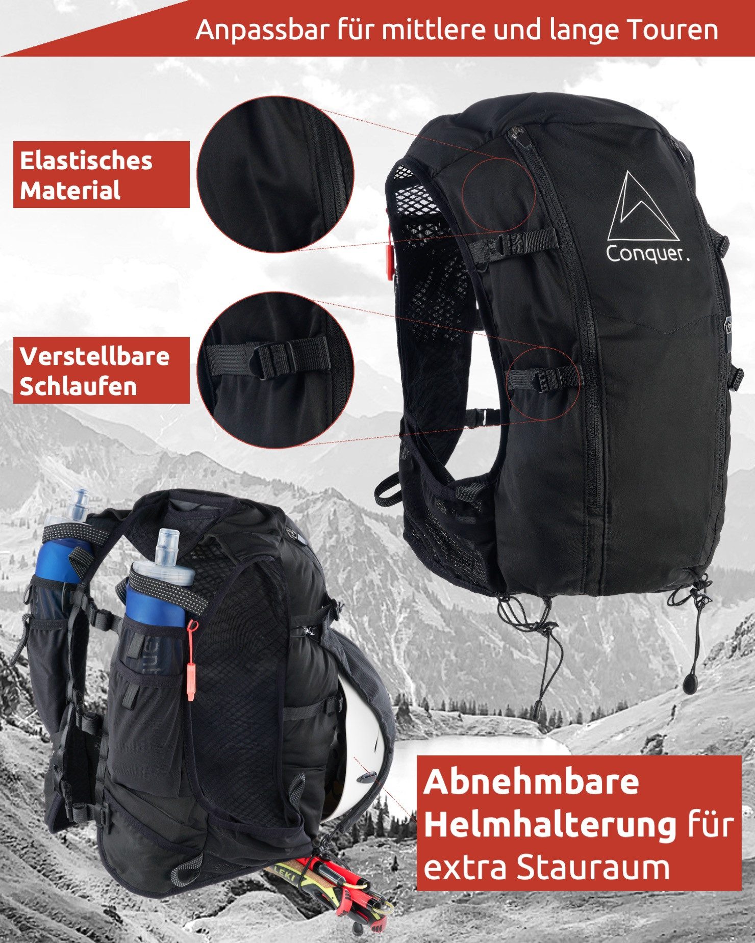 Conquer. Trinkrucksack Conquer. 15L Ultraleichter Trinkrucksack Running, Wander Rucksack, Abnehmbare Helmhalterung