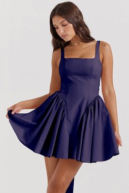 BlauWave Maxikleid Damen Kleid mit quadratischem Ausschnitt (1-tlg., Swing A-Linie Hohe Taille Krawatte) Rüschensaum Sommer Casual Kurze Minikleider
