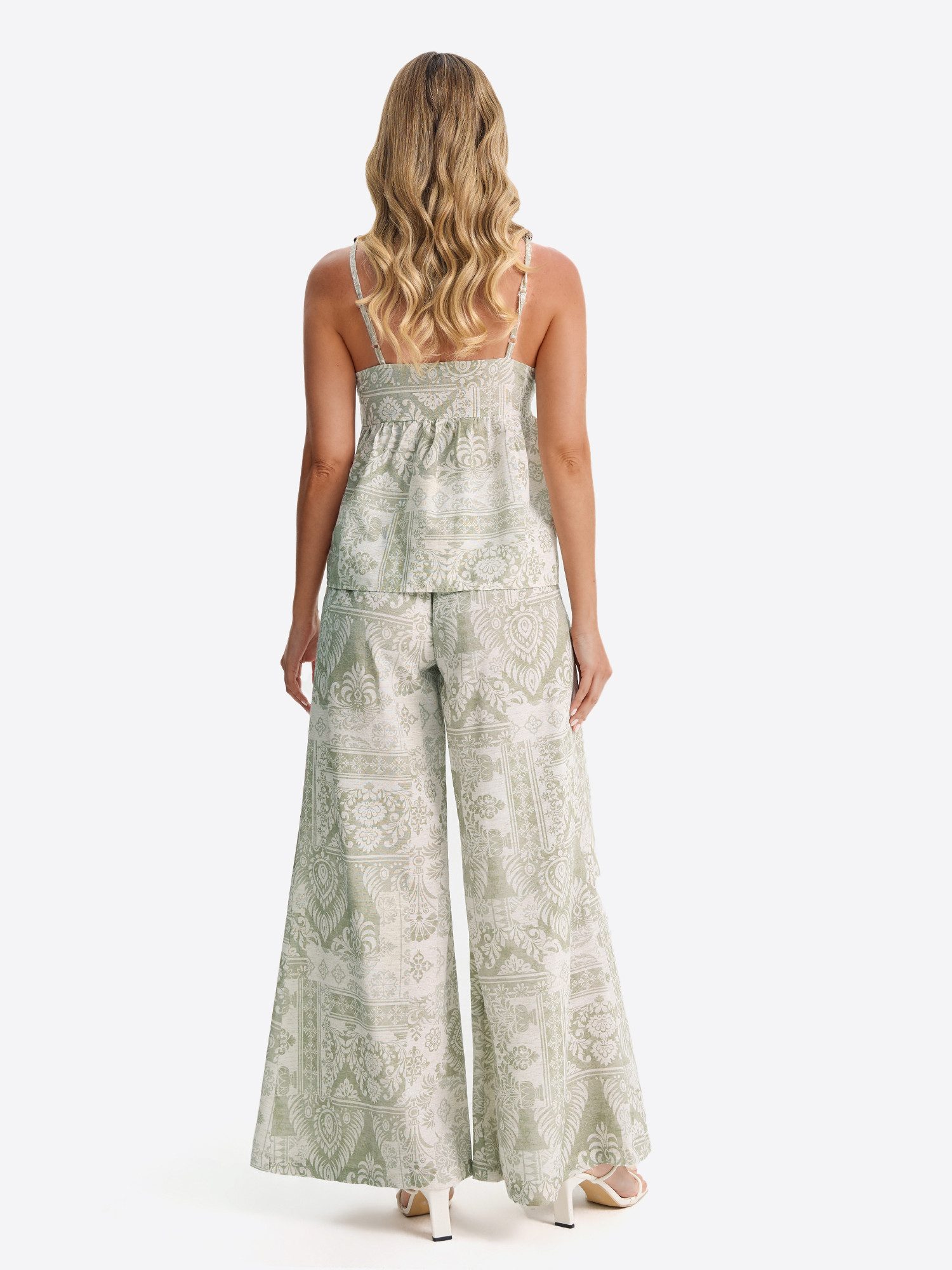 Imily Bela Hausanzug Damen 2-teiliges Strand-Set mit Perlen-Trägern und Vintage-Print (Set, 2 tlg., Trägertop + Palazzohose) Boho-Outfit