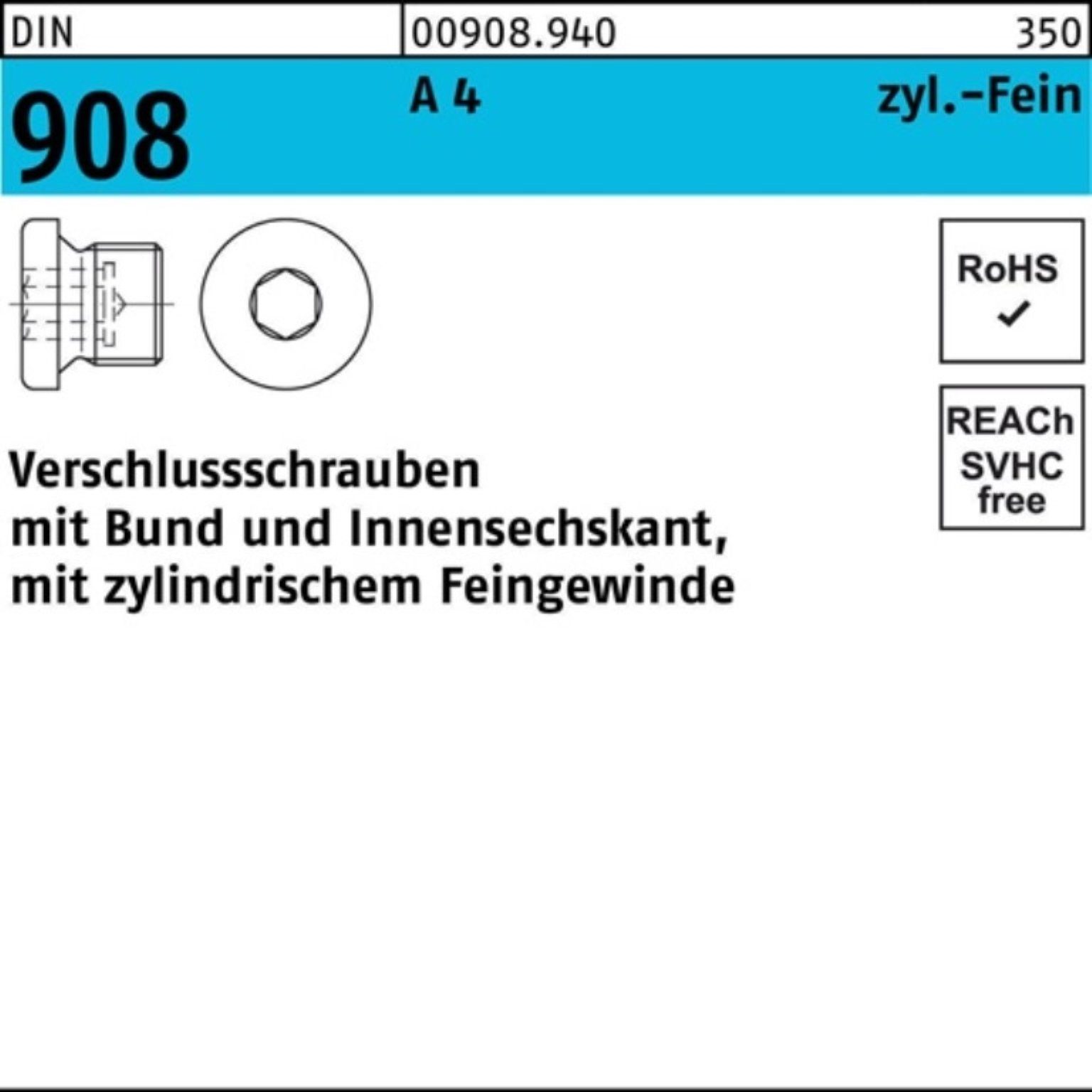 Reyher Schraube 100er Pack 908 St Bund/Innen-6kt 1 Verschlußschraube M8x A 4 DIN 100