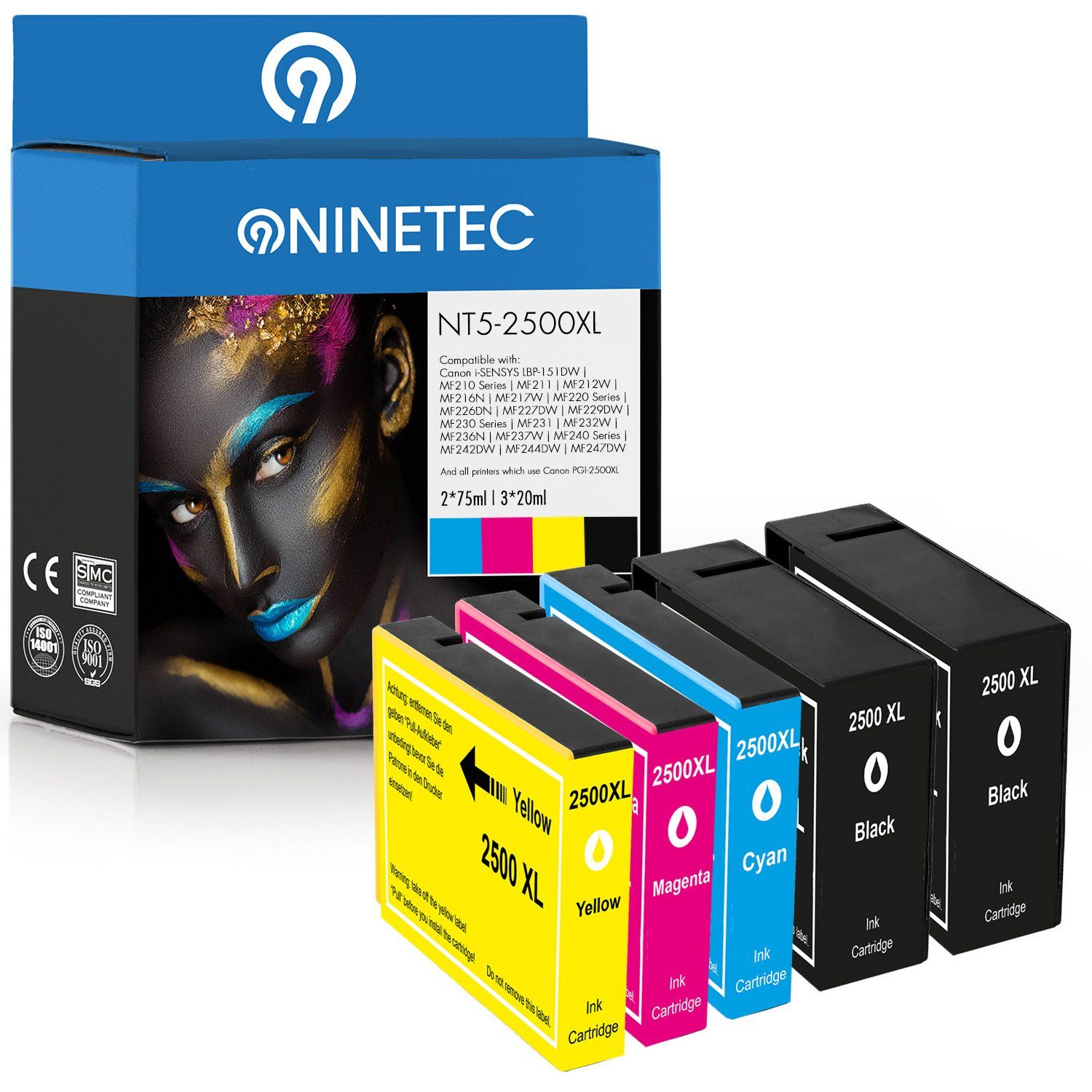 NINETEC 5er Set ersetzt Canon PGI-2500 PGI2500 Tintenpatrone