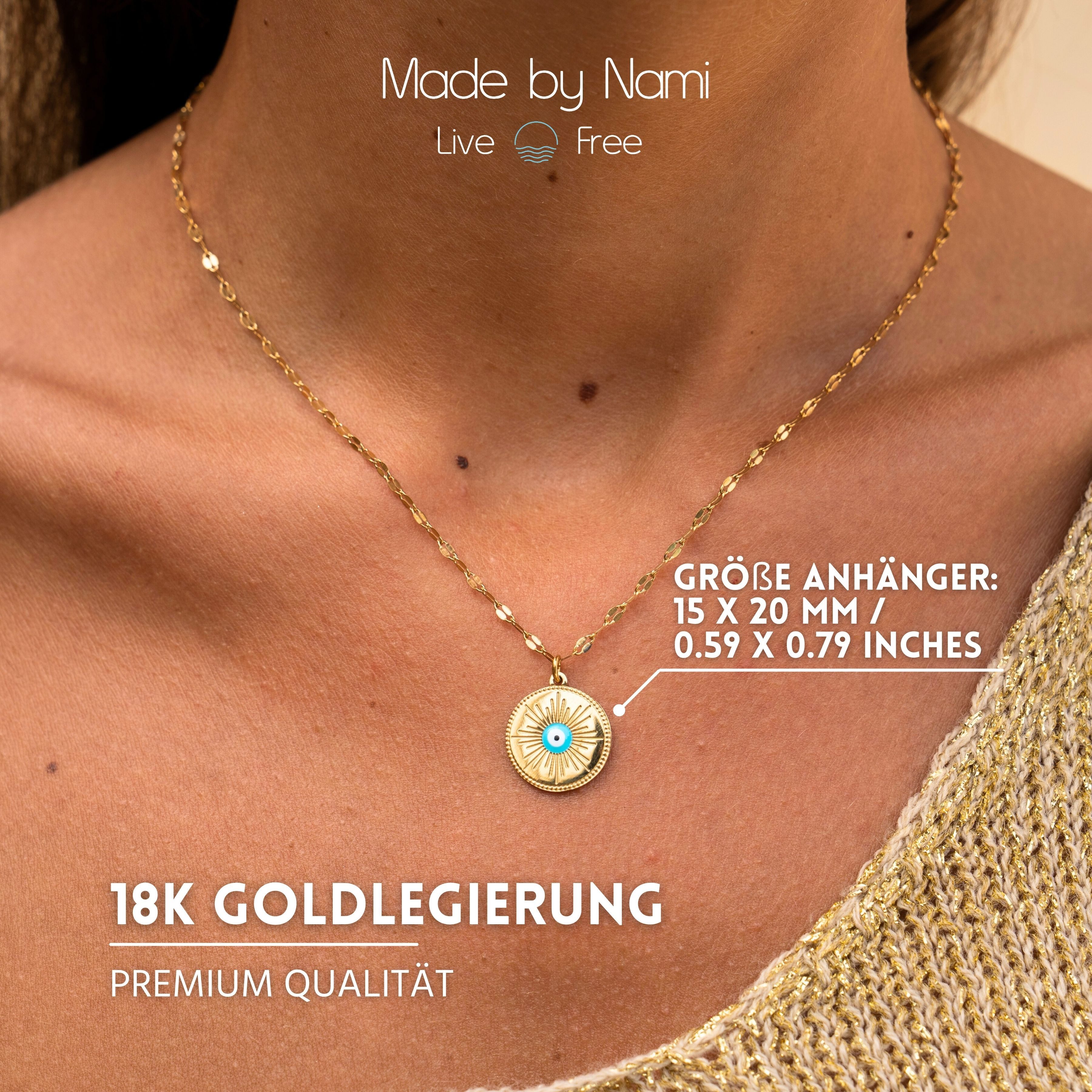 Made by Nami Charm-Kette Damen Halskette gold Sonnenanhänger Evil Eye verstellbar wasserfest, aus Edelstahl – Boho-Stil – symbolisches Design – hypoallergen