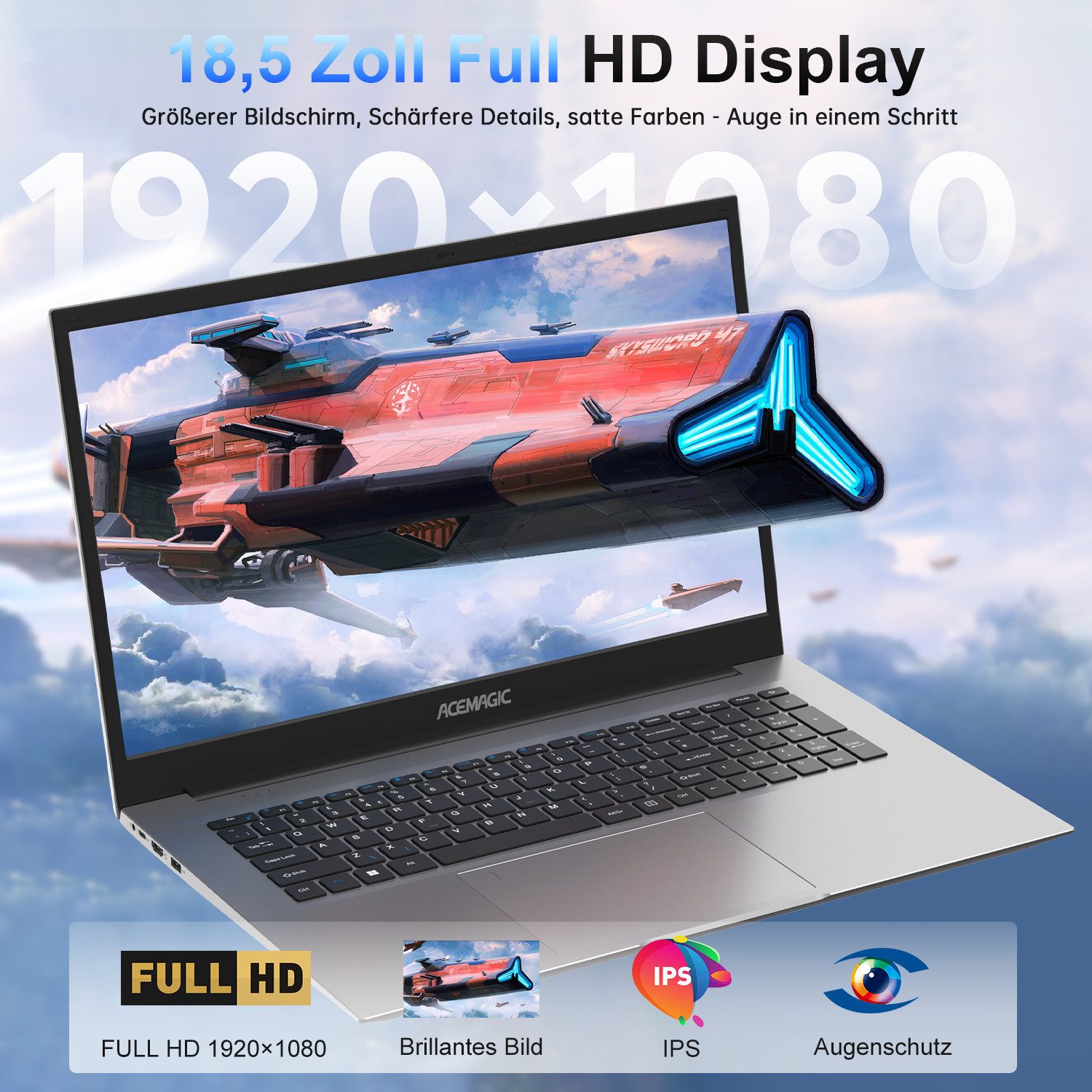 ACEMAGIC 18,5 Zoll Laptop Windows 11 Pro, Intel N150,16GB RAM 512GB SSD, Gaming Notebook (46,9 cm/18,5 Zoll, Intel Processor N150, Intel Grafik, 16 GB, 512 GB SSD, bis 3,6 GHz,1080P FHD Gaming Laptop-Computer für Homeoffice,Geschäft)
