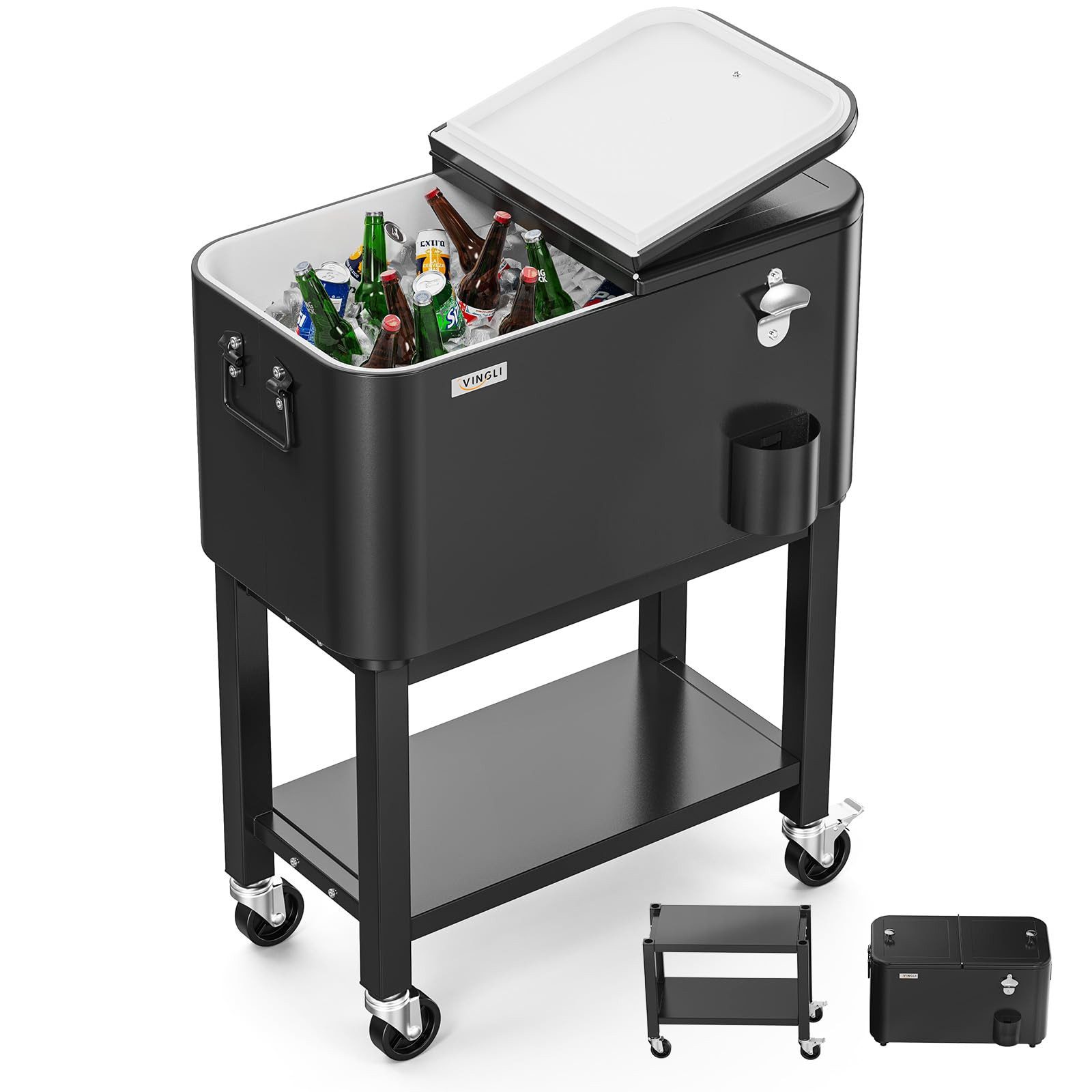 VINGLI Kühlbox 57L Servierwagen mit Rollen, Beistellwagen, Patio-Kühlwagen, mit Flaschenöffner, für Outdoor-Partys, 35.5X66X81cm, Weiß/Schwarz