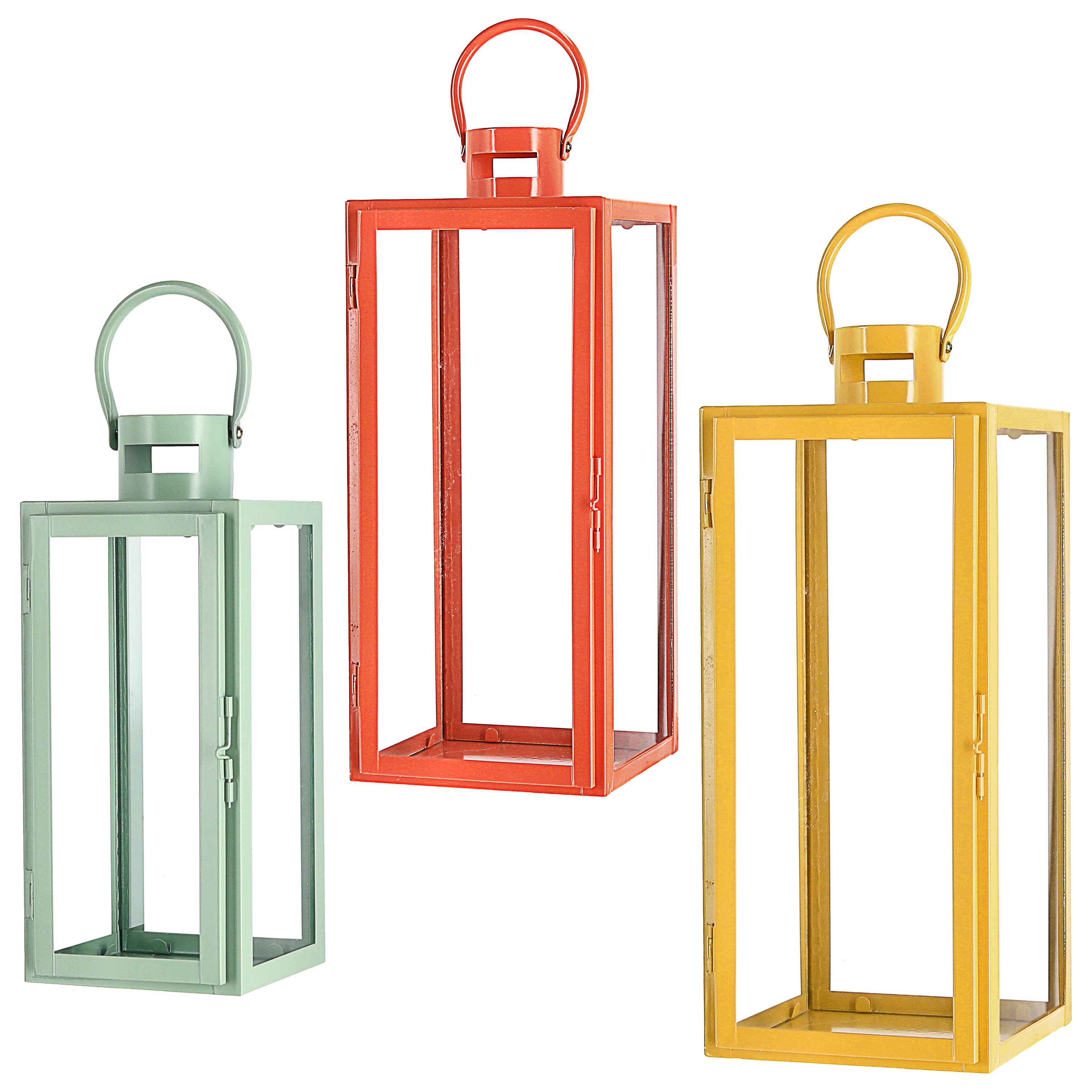 CEPEWA Laterne Laterne 3er Set grün orange gelb 3 Größen Metall Glas Windlicht Henkel