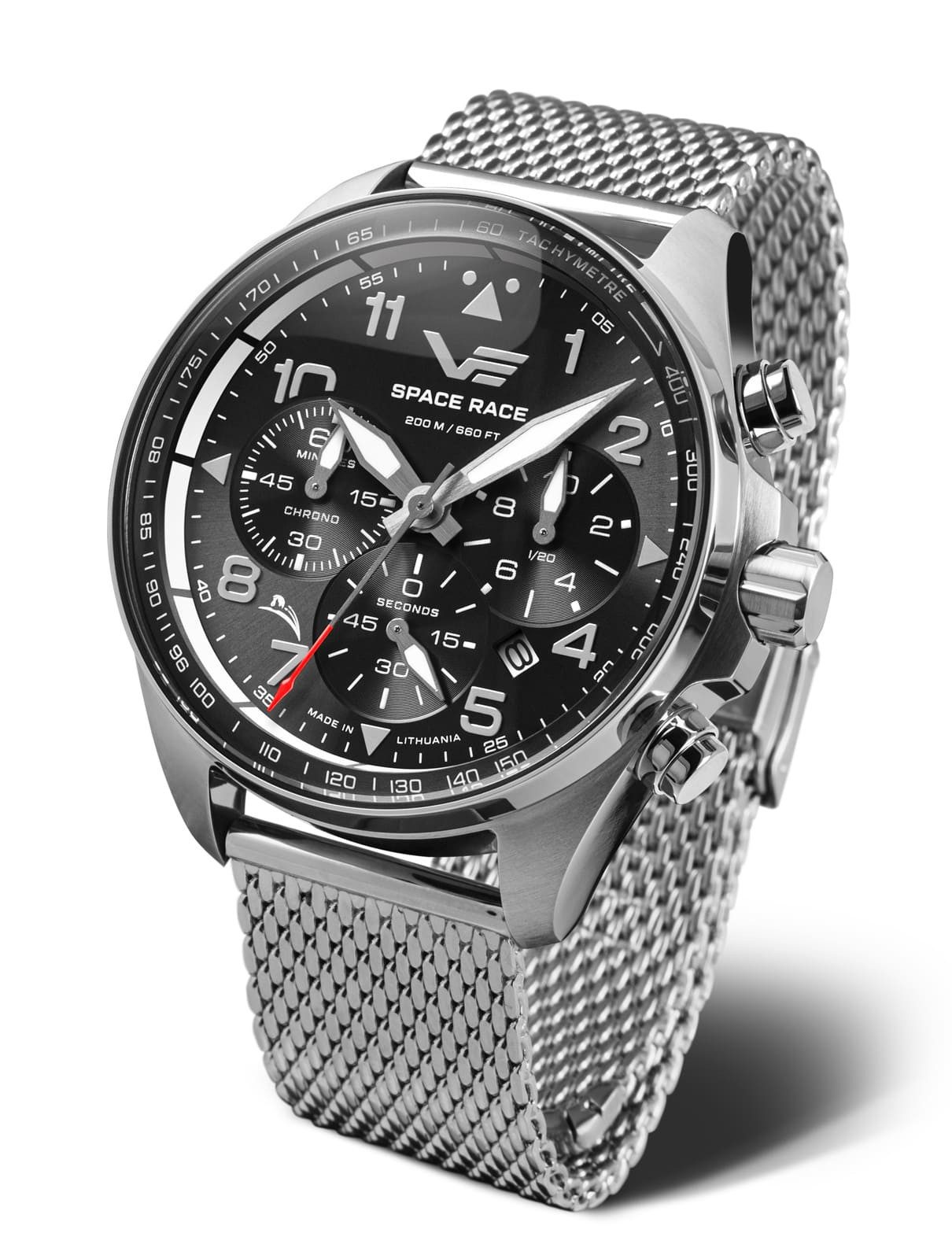 Vostok Europe Chronograph Space Race 325A741-B, 46 mm – Herrenuhr mit schwarzem Zifferblatt, & Milanaise-Edelstahlarmband