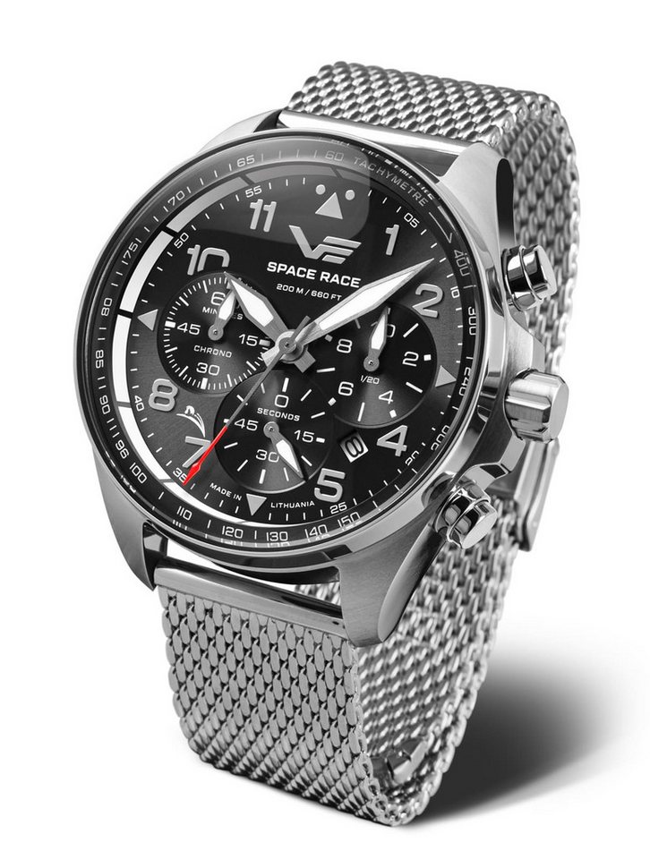 Vostok Europe Chronograph Space Race 325A741-B, 46 mm – Herrenuhr mit schwarzem Zifferblatt, & Milanaise-Edelstahlarmband