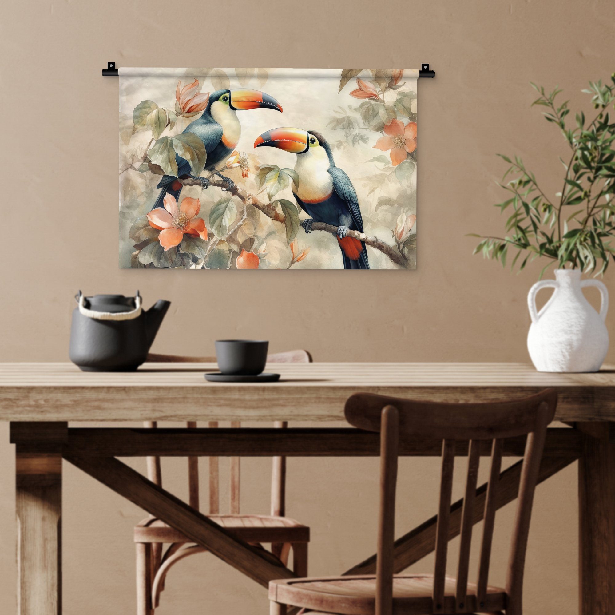 MuchoWow Wanddekoobjekt Tukan - Vögel Wandbehang, Schlafzimmer, für Wohnzimmer, Zweig, - Blumen Kinderzimmer Wanddeko Kleid, 