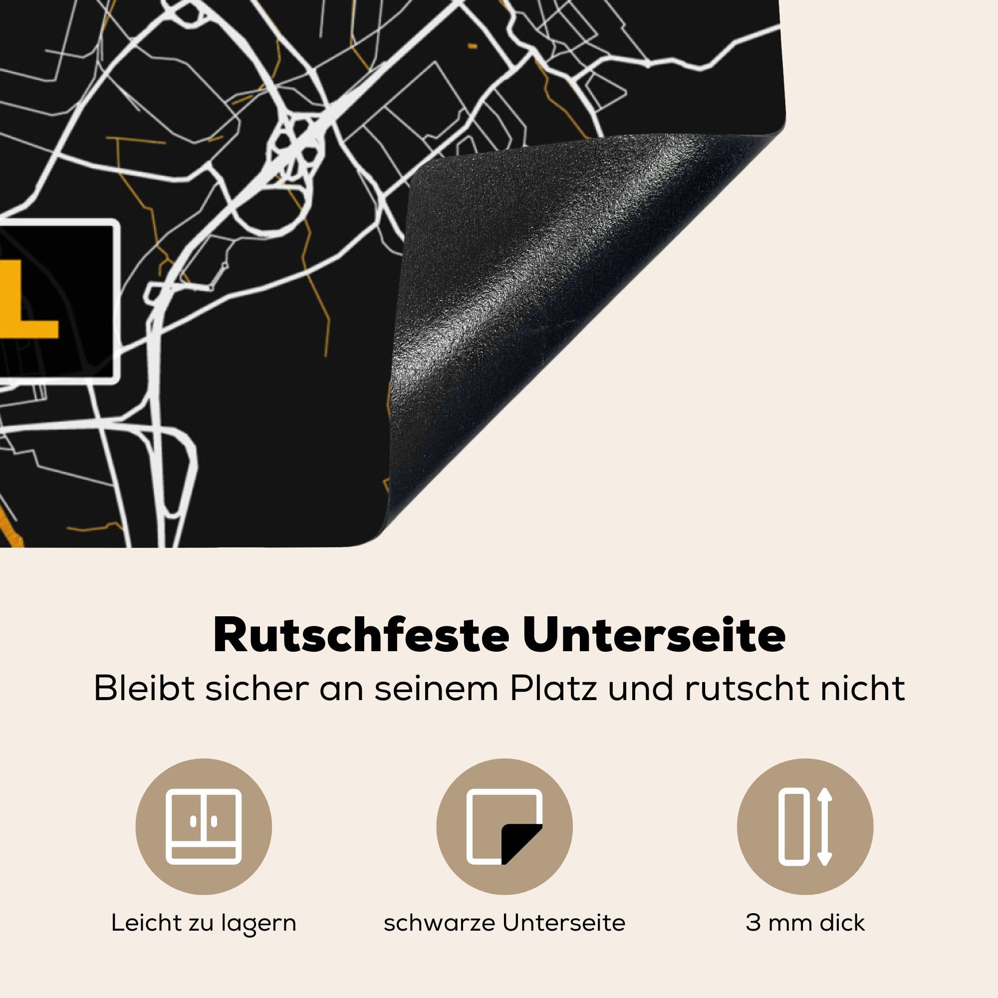 MuchoWow Herdblende-/Abdeckplatte Kassel - tlg), Arbeitsplatte - küche Deutschland Ceranfeldabdeckung, - für Gold, Stadtplan Vinyl, (1 cm, - Karte 78x78