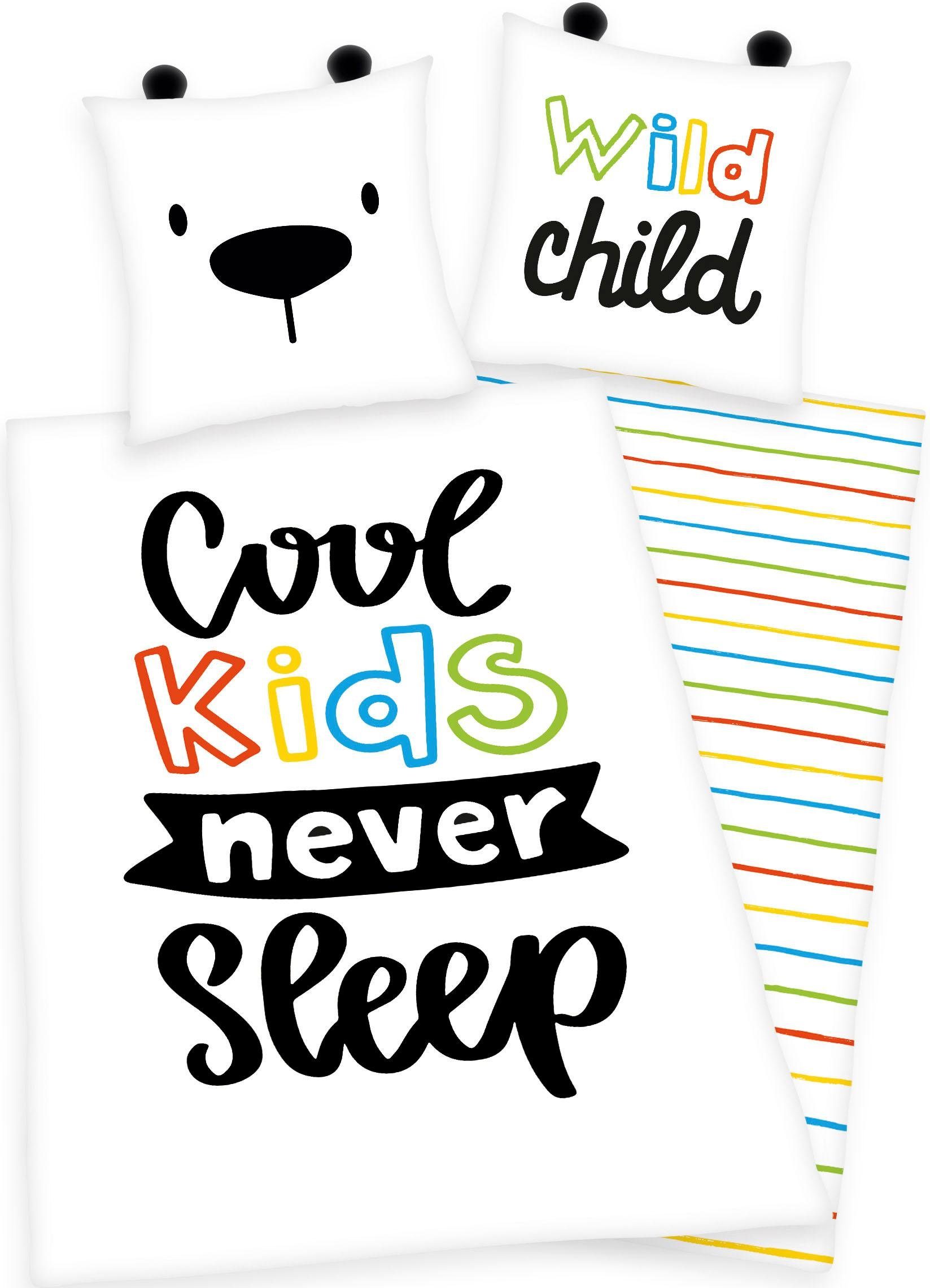 Kinderbettwäsche Cool kids never sleep, Herding Young Collection, Renforcé, 2 teilig, mit Schriftzug