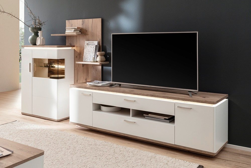 MCA furniture Wohnwand Wohnkombination Palermo, Soft white / Viking Oak, 3-teilig, (3-St), Wohnwand, Anbauwand, modern