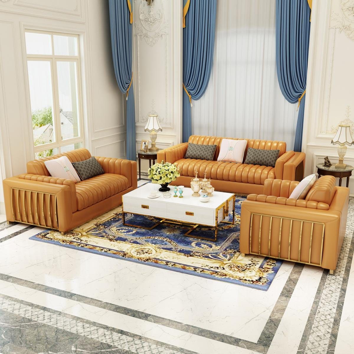 JVmoebel Sofa Luxus Ledersofa Couch Wohnlandschaft Garnitur Design 3+2+1 Sitzer Neu, Made in Europe Orange