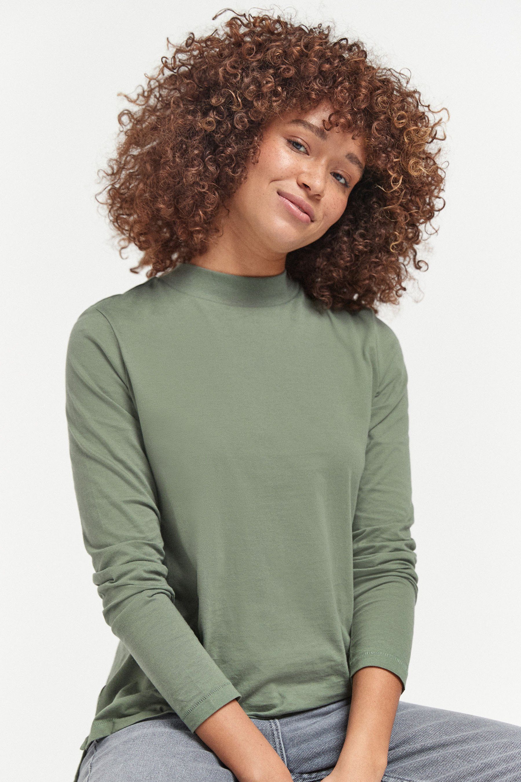 Green Next mit Stehkragen (1-tlg) Langarm-Shirt Khaki Langarmshirt