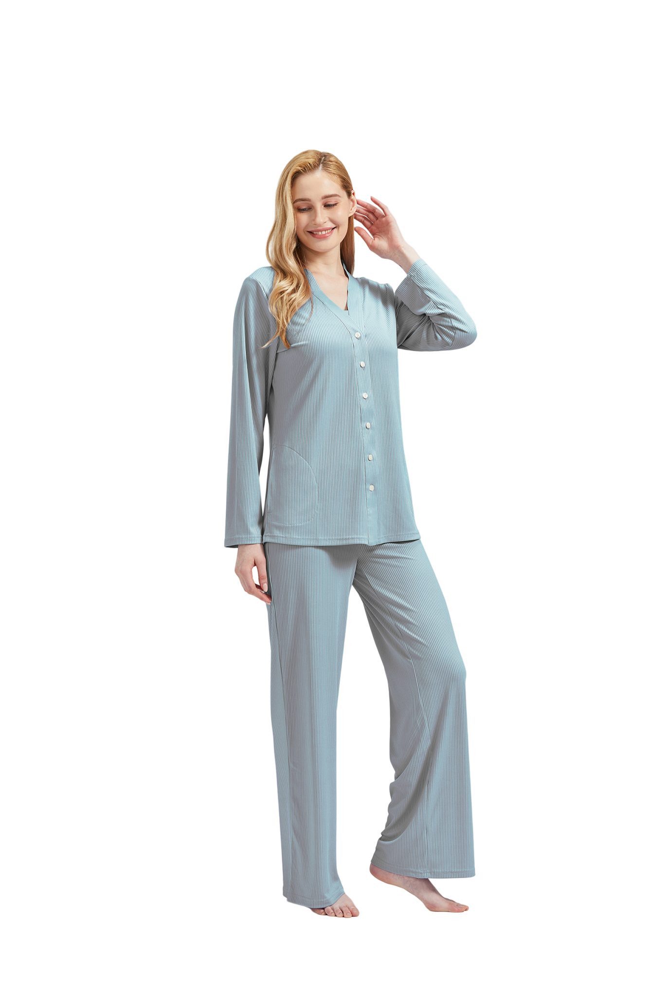 M-Diamant Schlafanzug Damen Pyjama-Set Damenwäsche V-Ausschnitt 3 teilig (Set, 3 tlg) 3-teiliges Set: Jacke mit V-Ausschnitt und Knöpfen, Trägertop und Hose – Bild 3 von 5