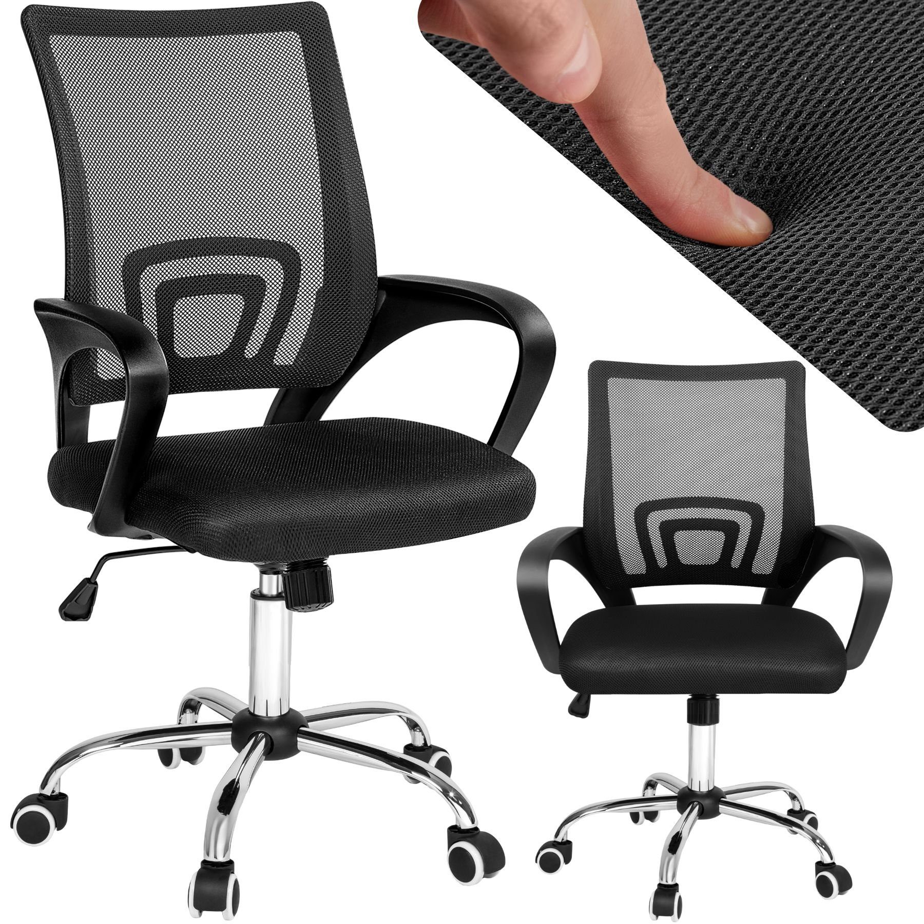 tectake Drehstuhl Bürostuhl, stufenlos höhenverstellbar, geschwungene Armlehnen (Schreibtischstuhl Marius, 1 St), Ergonomische Form mit Lordosenstütze, mit Netzstoffbezug, 360° drehbar