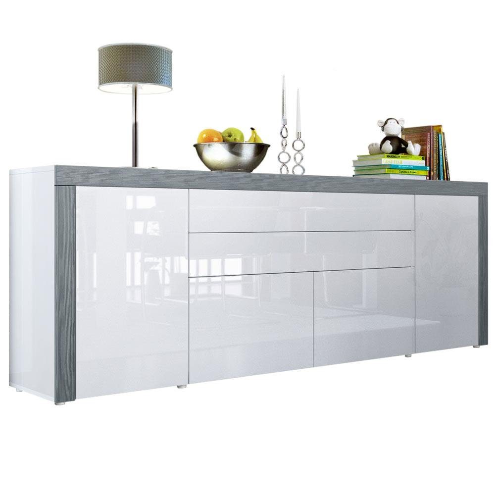 Vladon Sideboard La Paz (Kommode, mit 2 Türen, 2 Schubkästen und 2 Klappen), Weiß Hochglanz/Avola-Anthrazit (200 x 72 x 35 cm)