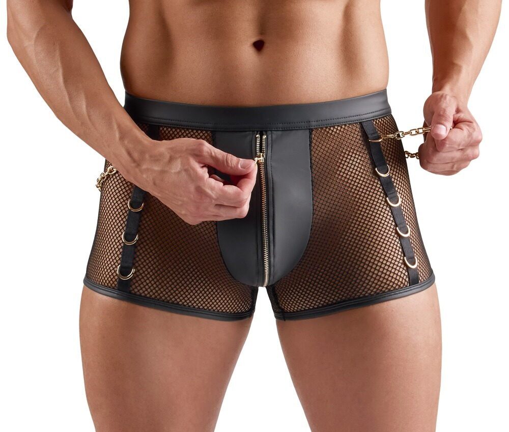 Svenjoyment Boxershorts Netz Boxershorts mit Ketten Wetlook und Reißverschluss - schwarz (1-St) Seitlich und hinten Ringe