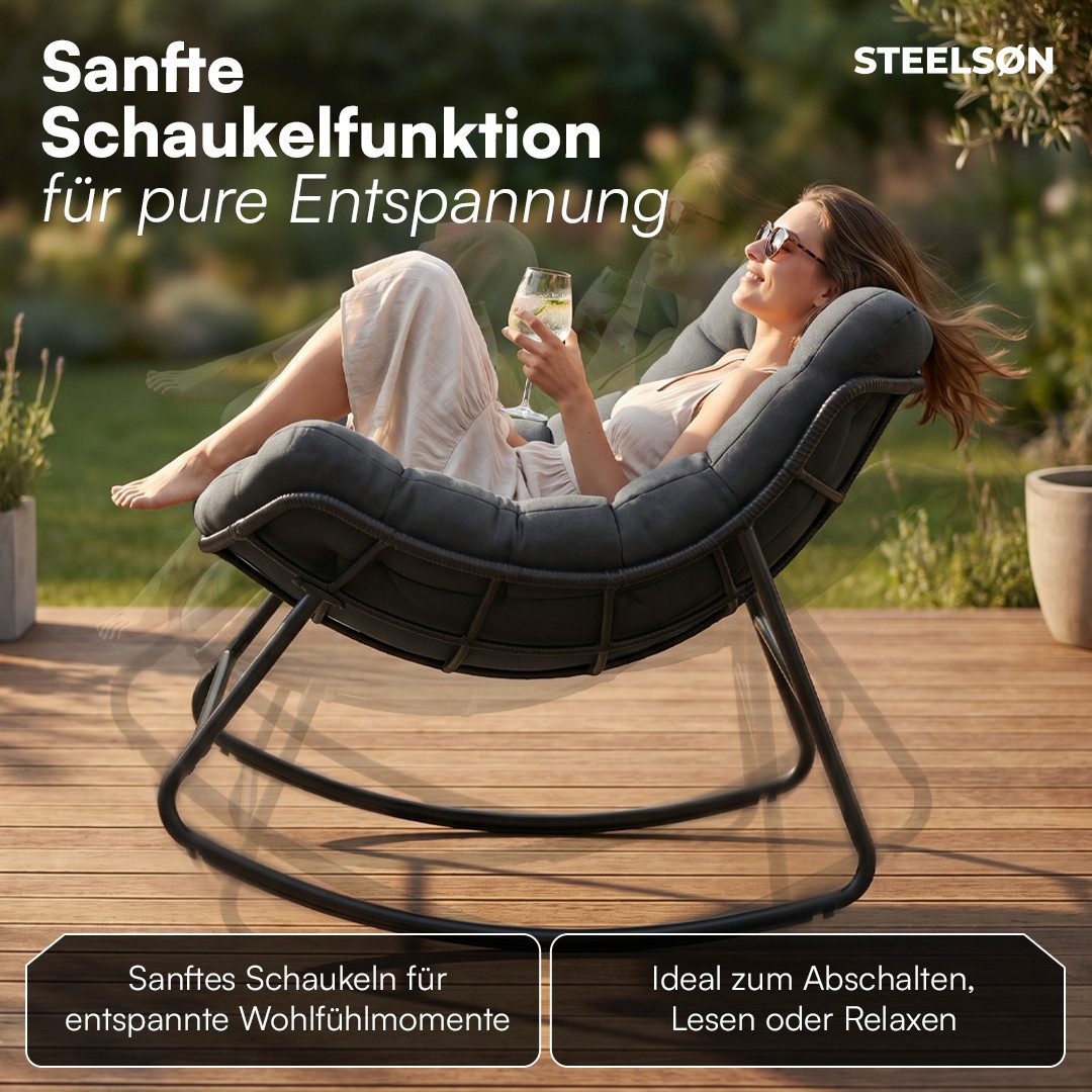 STEELSØN Schaukelstuhl Veldora Rattan XXL Schaukelsessel mit Sitzpolstern für Innen & Außen (Anthrazit, Stahlgestell 75x100x65 cm), Relaxsessel wetterfest & rutschfest, Lounge Sessel bis 125 kg