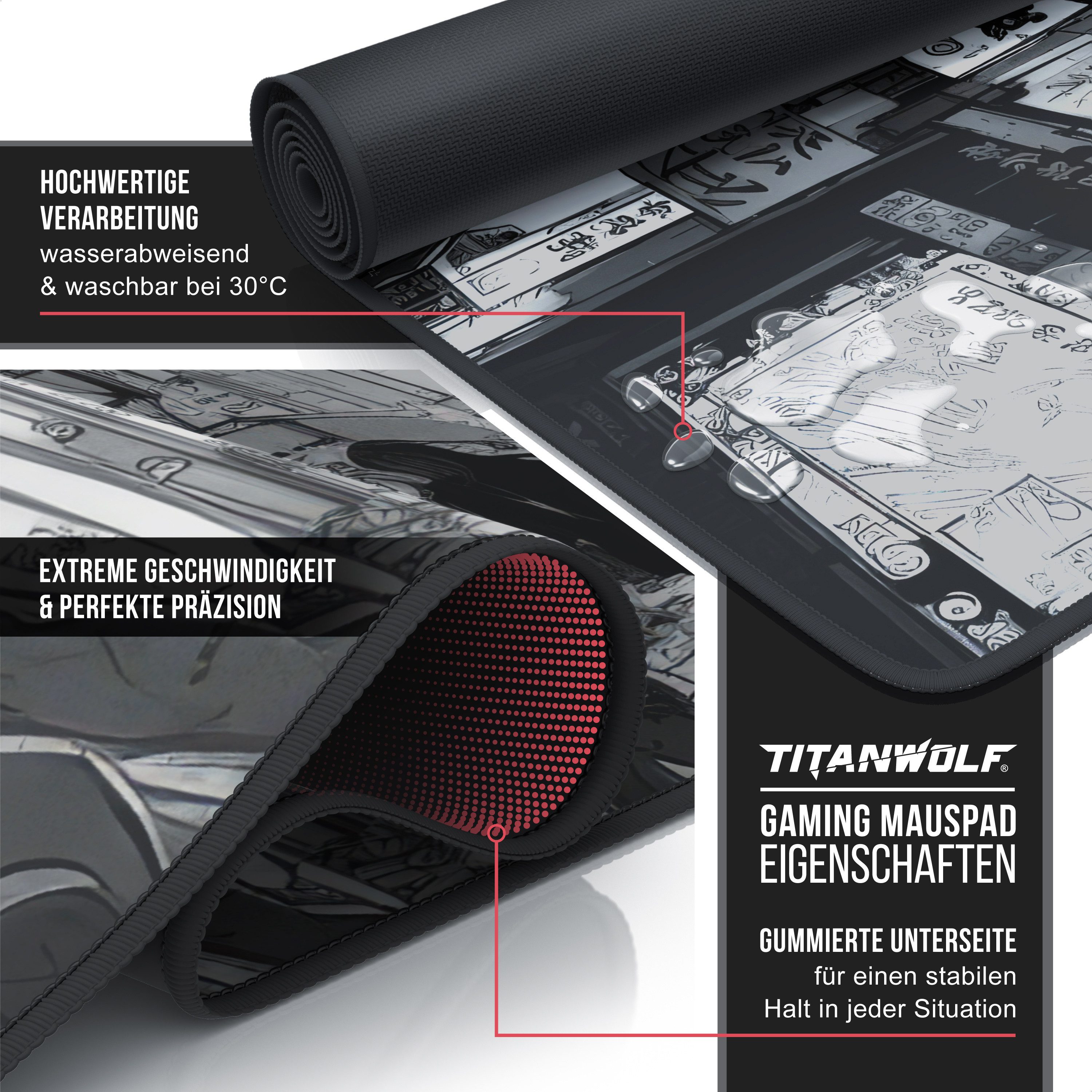 Titanwolf Gaming Mauspad XXL Speed Mousepad 900 x 400 x 3 mm, Schreibtischauflage, abwaschbar (1-St), rutschfeste Rückseite, Geschwindigkeit & Präzision, Manga, – Bild 3 von 5