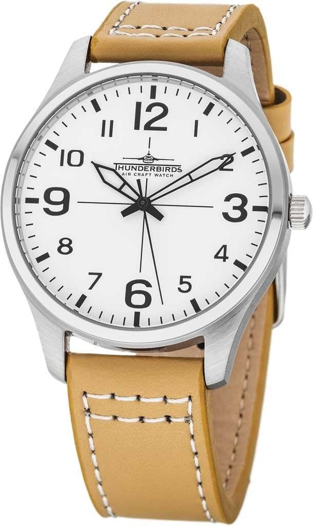 Thunderbirds Quarzuhr Fliegeruhr TB5000-01 – 40 mm Edelstahlgehäuse, weißes Zifferblatt, beiges Lederband, sportliche Herrenuhr