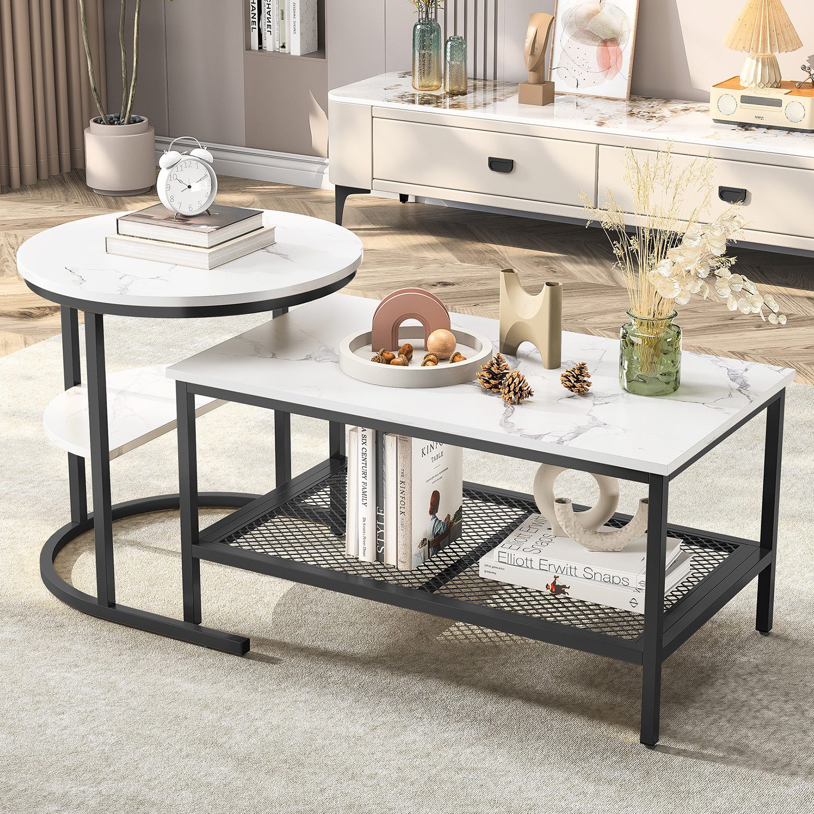 BELUPAI Couchtisch 2in1 Beistelltisch, Runder Tisch mit Marmoroptik (2er Set, 1-St., Satztisch), 80x46x41cm und 52x52x51cm,Weiß-Schwarz