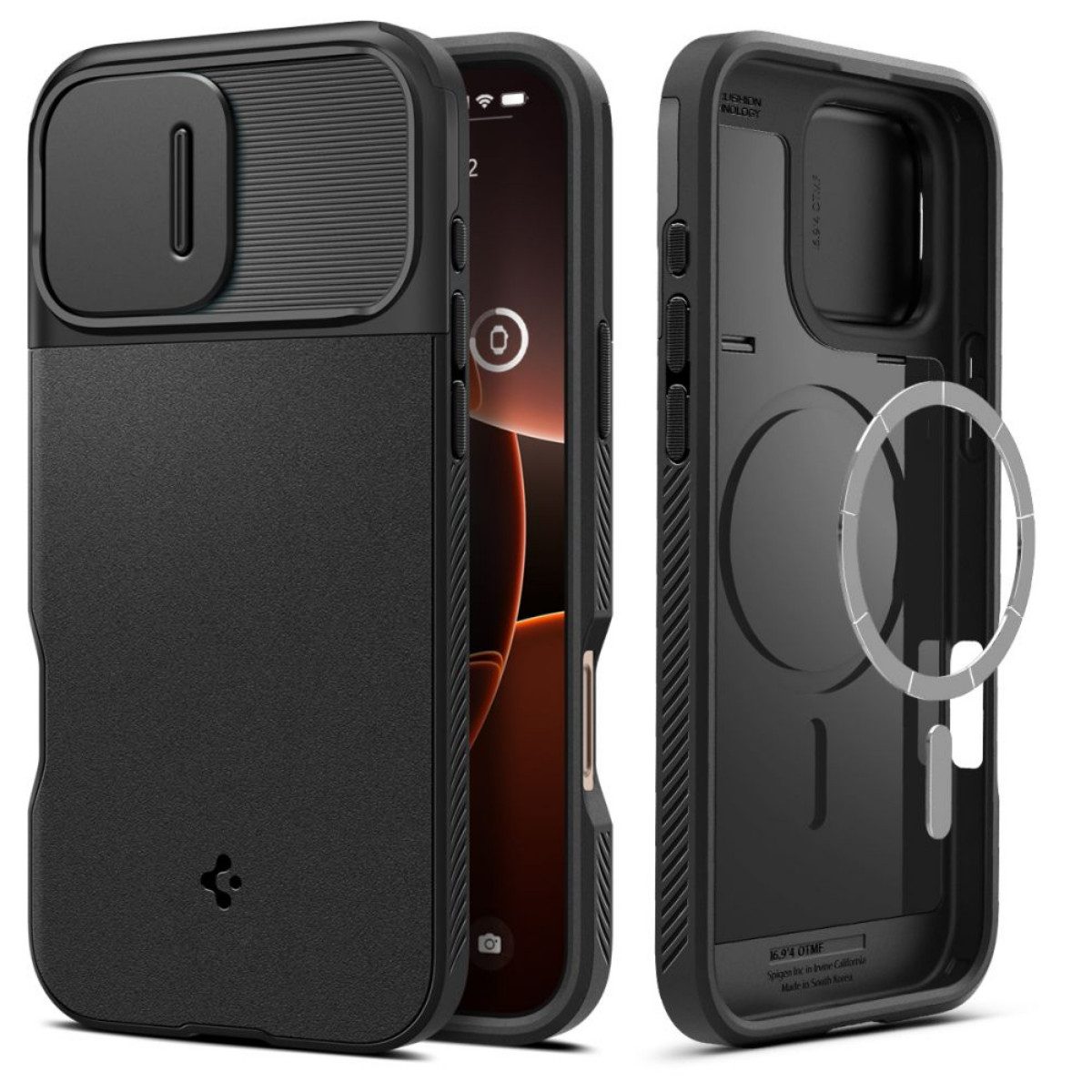 Spigen Handyhülle Optik Armor Magnetfunktion Kompatibel mit iPhone 16 Pro Max Schwarz 6,7, Kompatibel mit iPhone 16 Pro Max, dezente Struktur, Premium-Gefühl