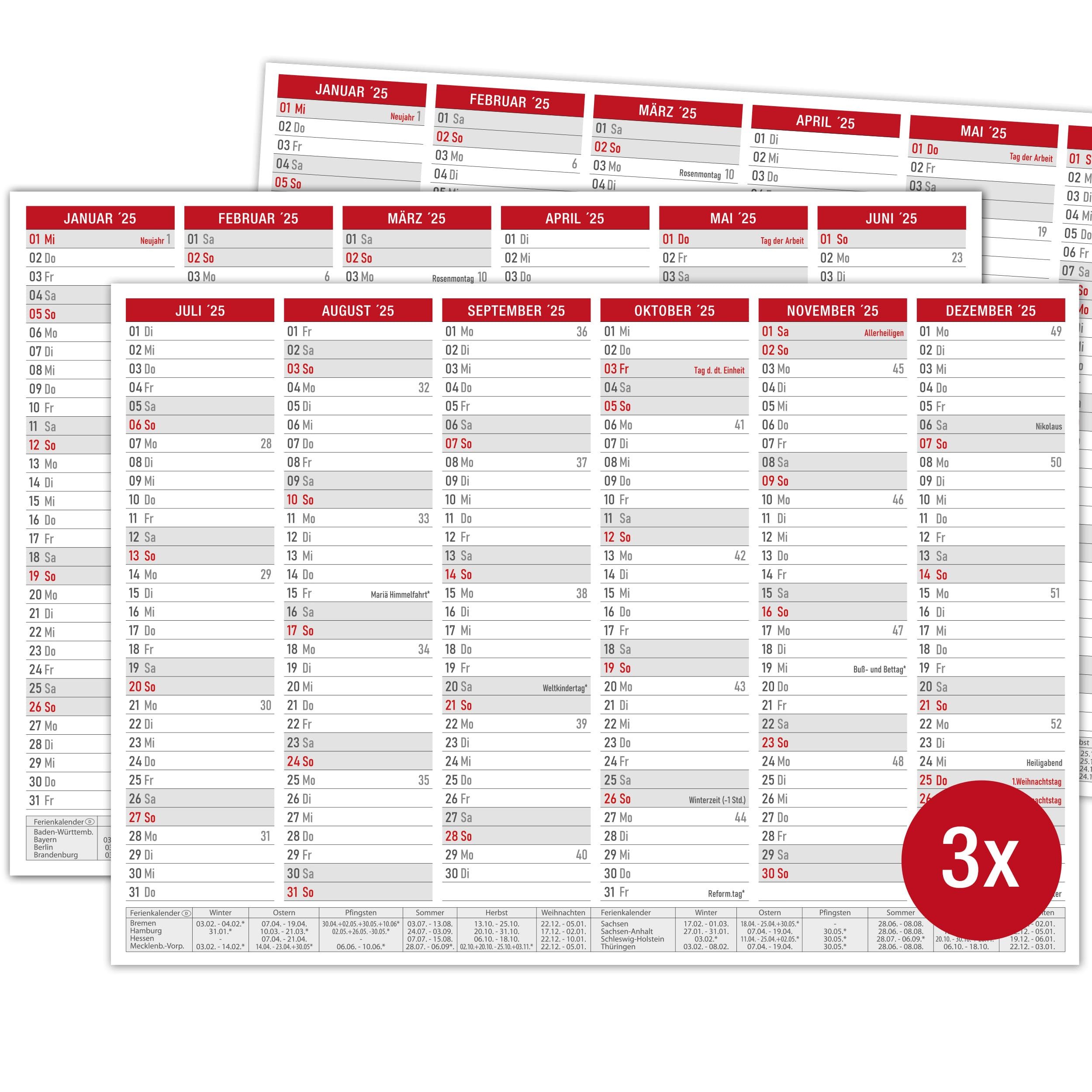 TOBJA Wandkalender A4 Tafelkalender Rot 2025 3er Set, Wandkalender, Schulferien, Feiertage, Wochenenden, Kalender 2025