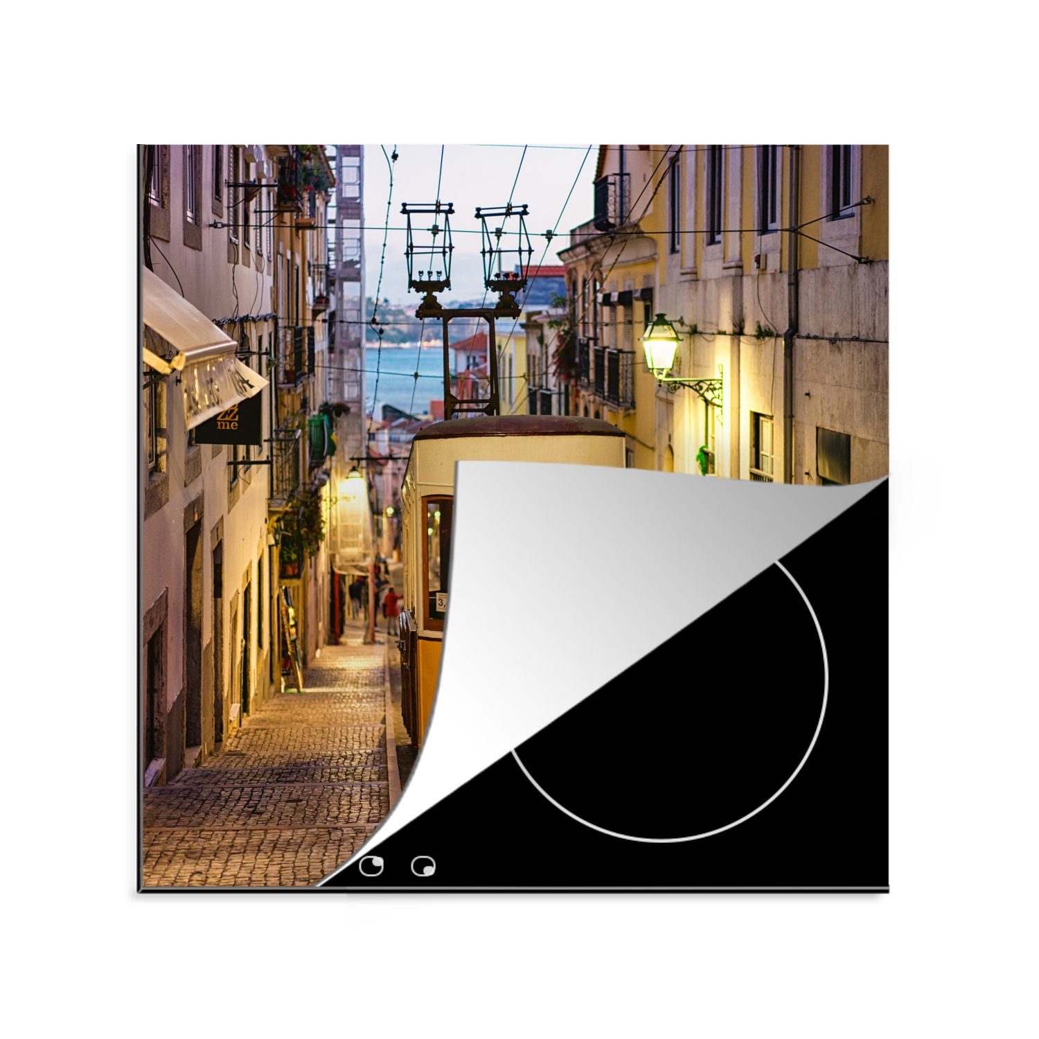 Arbeitsplatte Lissabon bei küche tlg), Die 78x78 Ceranfeldabdeckung, für einer Straßenbahn Vinyl, cm, (1 Seilbahn in Herdblende-/Abdeckplatte Nacht, MuchoWow