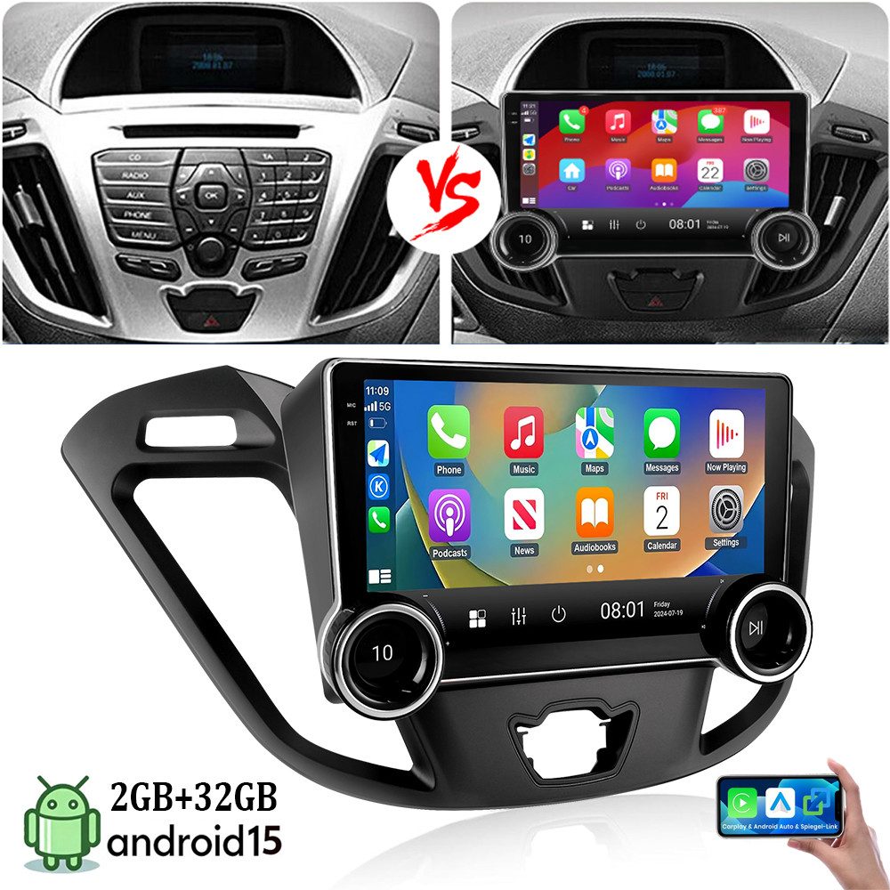ESSGOO Android15 Autoradio Für Ford Transit Custom 2012-2021 Carplay GPS Navi Navigationsgerät (Apple Carplay Android Auto GPS Navi WIFI BT EQ)