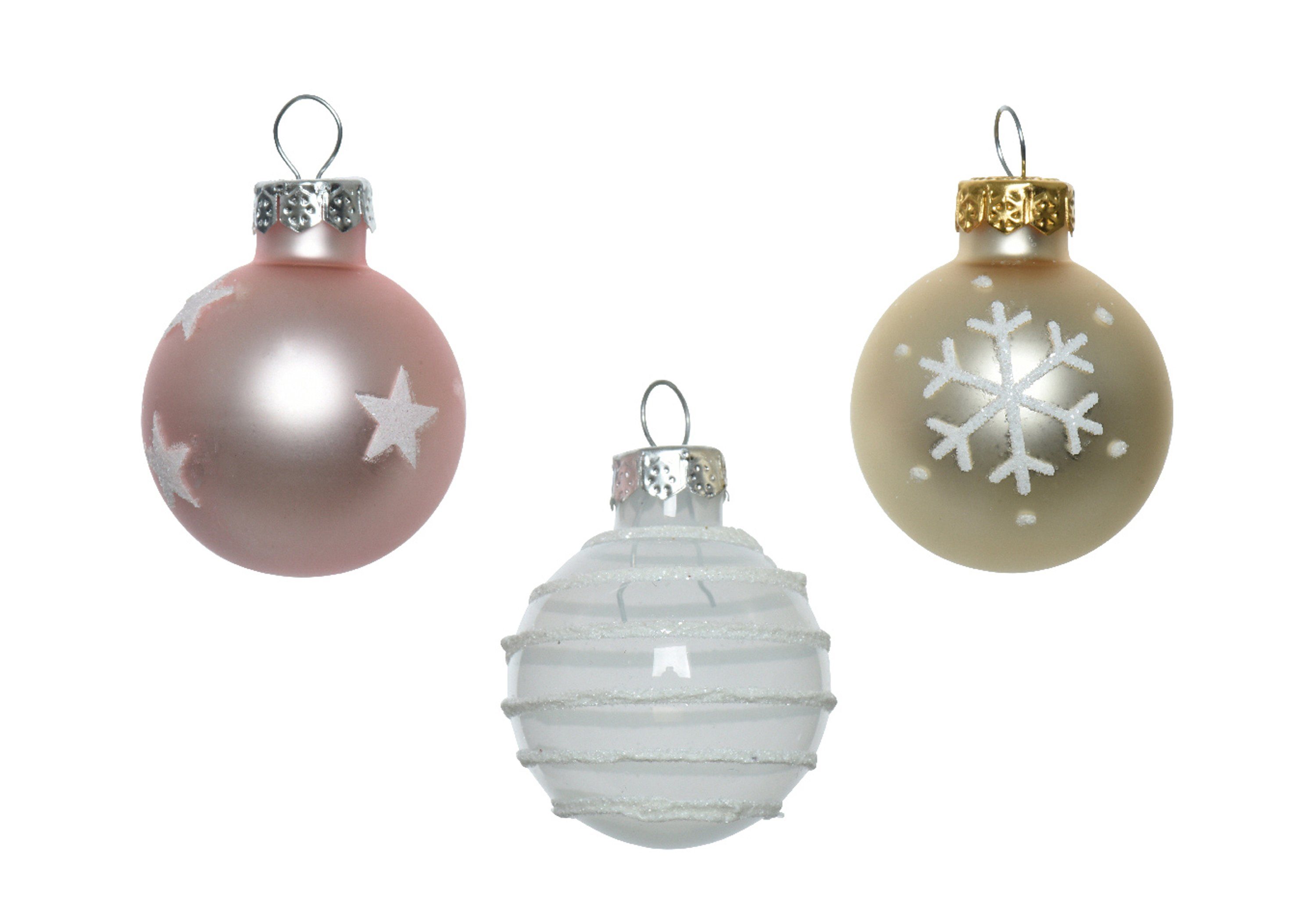 Decoris season decorations Weihnachtsbaumkugel, Weihnachtskugeln Glas mit Motiven 3cm rosa Mix, 9er Set | Weihnachtskugeln