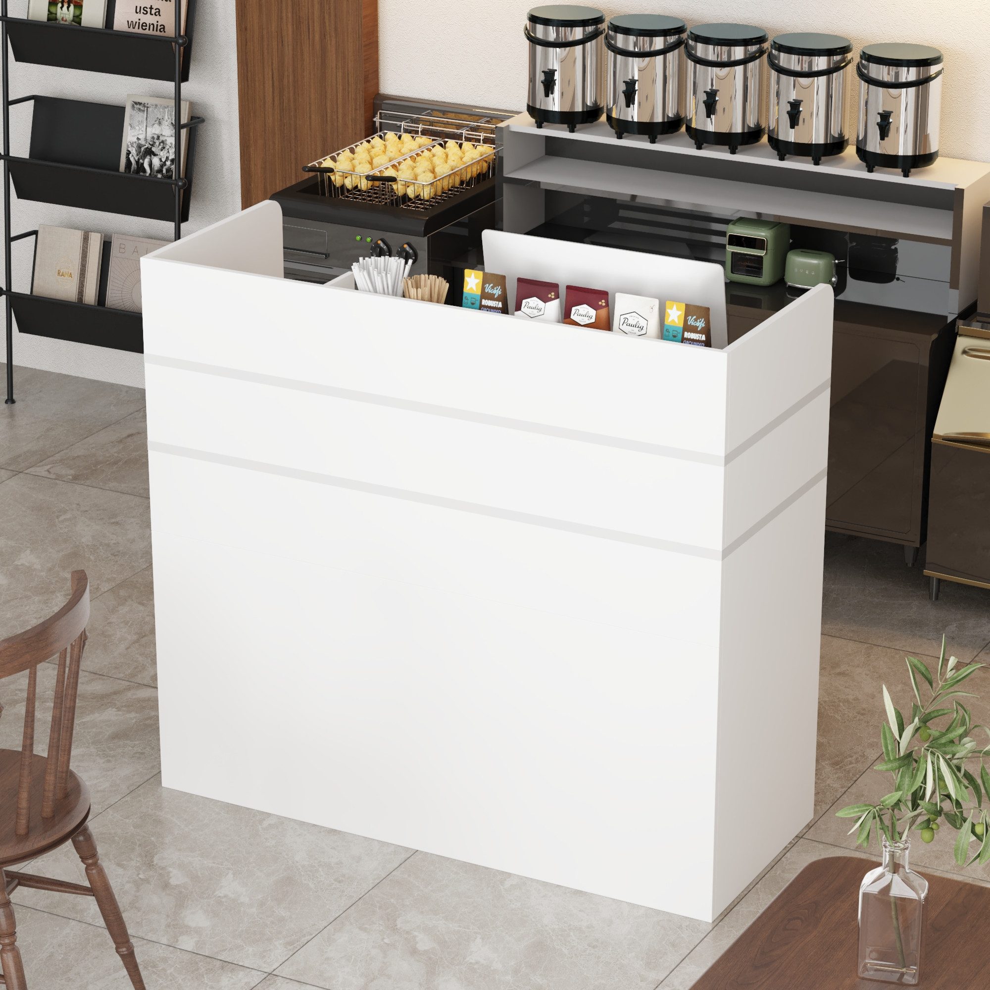 HOMSEE Empfangstheke Weiße Empfangstresen aus MDF 120×48×110 cm (1-St), mit Ablage, 3 Schubladen, Metallstange & individueller Gestaltung