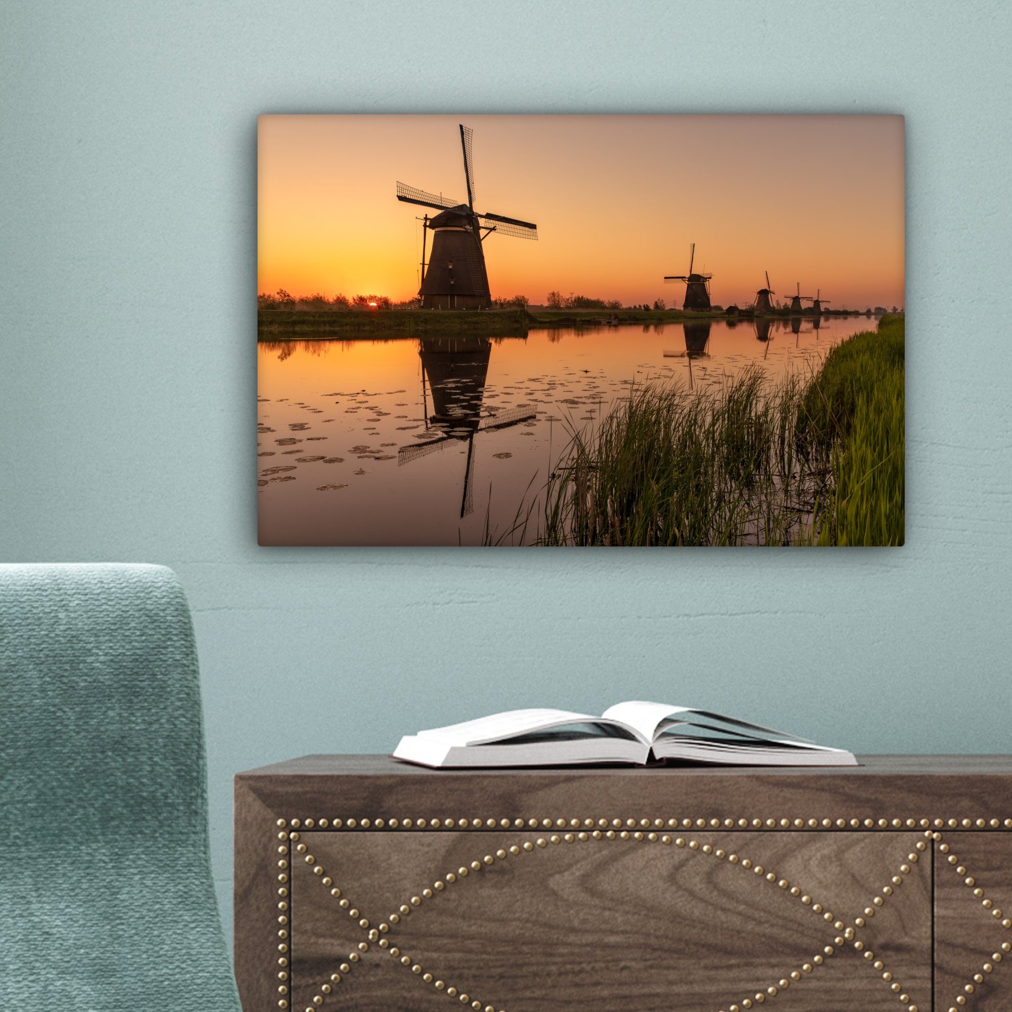 Horizont - Wandbild Wanddeko, Leinwandbild 30x20 cm OneMillionCanvasses® Mühle - (1 St), Leinwandbilder, Holland, Aufhängefertig,